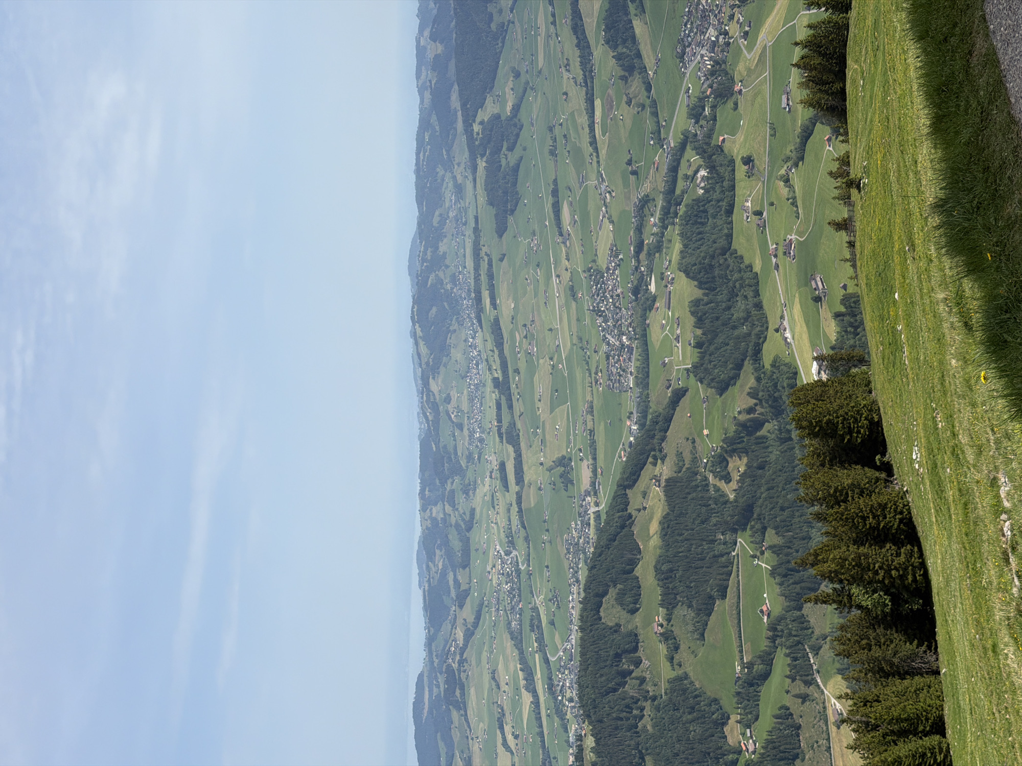 The image captures an aerial view of Schwende-Rüte, Switzerland, showcasing a landscape characterized by a mix of green pastures, forests, and settlements. The foreground features the edge of a grassy slope or cliff, where the camera is presumably positioned. Beyond this, a valley unfolds with a patchwork of green fields dotted with buildings and connected by roads. The forested areas are dark green, contrasting with the lighter green of the cultivated fields. A vast expanse of a light blue sky occupies the left portion of the image.