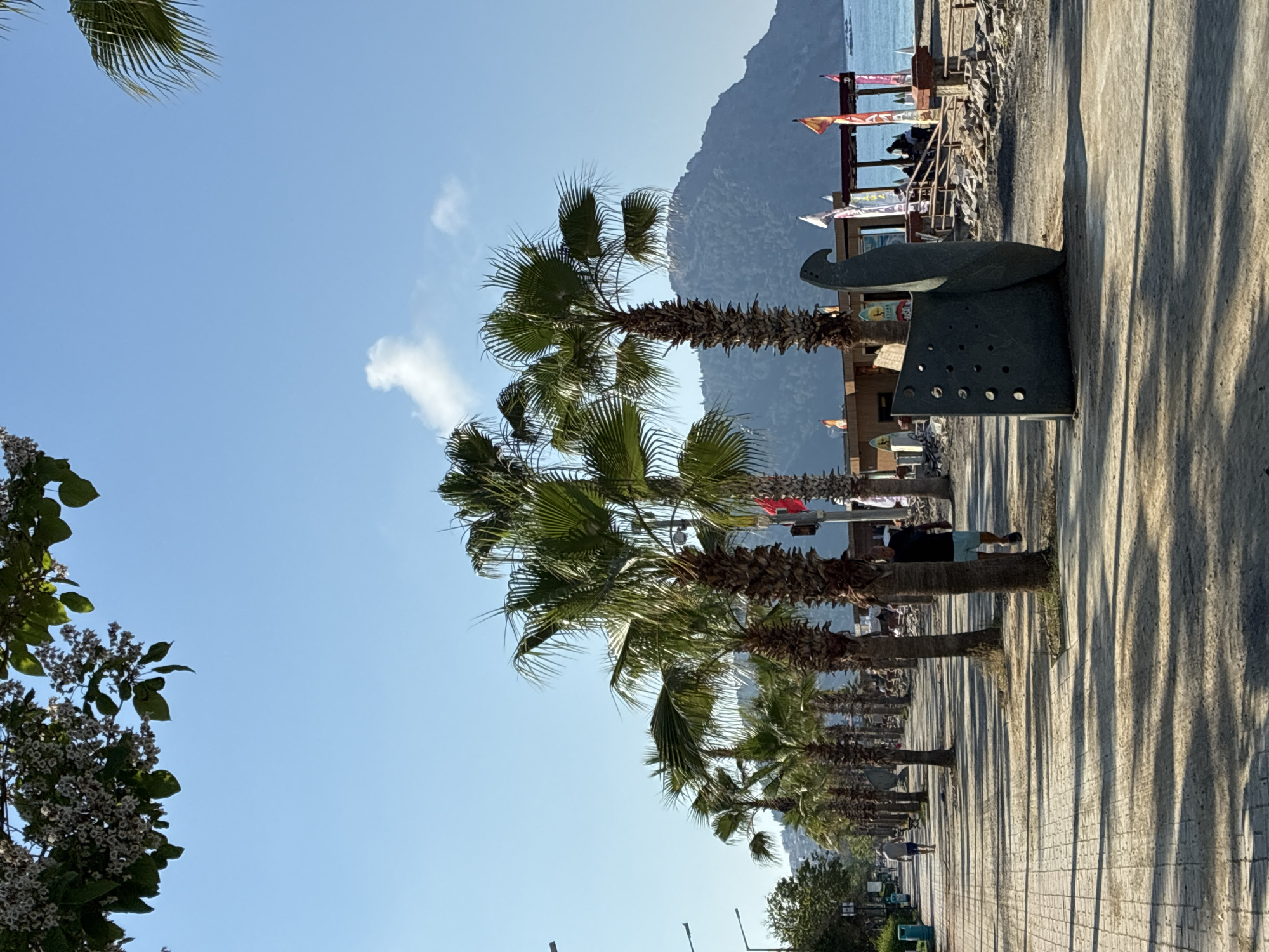 This image depicts a sunny coastal scene in Alanya, Turkey. A wide, light-colored paved promenade, lined with numerous tall palm trees casting long shadows, extends from the foreground into the distance on the left. Several streetlights, benches, and a green trash can are visible along this walkway. In the mid-ground, a large, dark grey abstract sculpture, resembling a stylized bird or axe with circular perforations, stands prominently. Beyond the palm trees and closer to the water, a dirt or sandy area contains piles of rocks or construction materials and several wooden kiosks or beach huts adorned with colorful flags (red, orange, yellow, white). The calm, turquoise sea is visible to the right, with a distant rocky outcrop. A large, grey-green mountain range dominates the background. The sky is bright blue with a few wispy white clouds. In the upper left corner, a flowering branch with white blossoms is partially visible. Two individuals are walking on the promenade: one in light attire walks away into the distance on the paved section, and another in a dark shirt and light blue shorts walks towards the beach area, partially obscured by a palm tree trunk. Indistinct figures are visible near the beach structures.