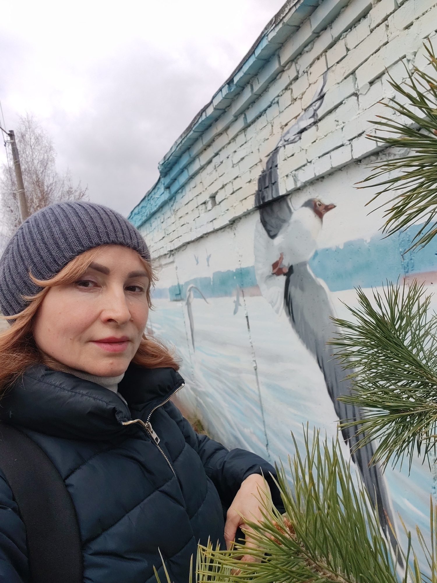 The image is a selfie of a woman standing next to a painted mural on a brick wall. The woman is wearing a gray knitted hat, a gray turtleneck sweater, and a navy blue puffy jacket. She has reddish-blonde hair and a neutral expression on her face.
The mural is of a seagull in flight, painted in shades of white, gray, and blue. The background of the mural depicts a snowy or icy landscape. Pine branches are partially obscuring the right side of the mural.
Behind the wall and slightly out of focus are bare trees and an overcast sky. A utility pole is visible in the background.
Based on the available information, it is probable that the location is the city of Chaikovsky, Russia.