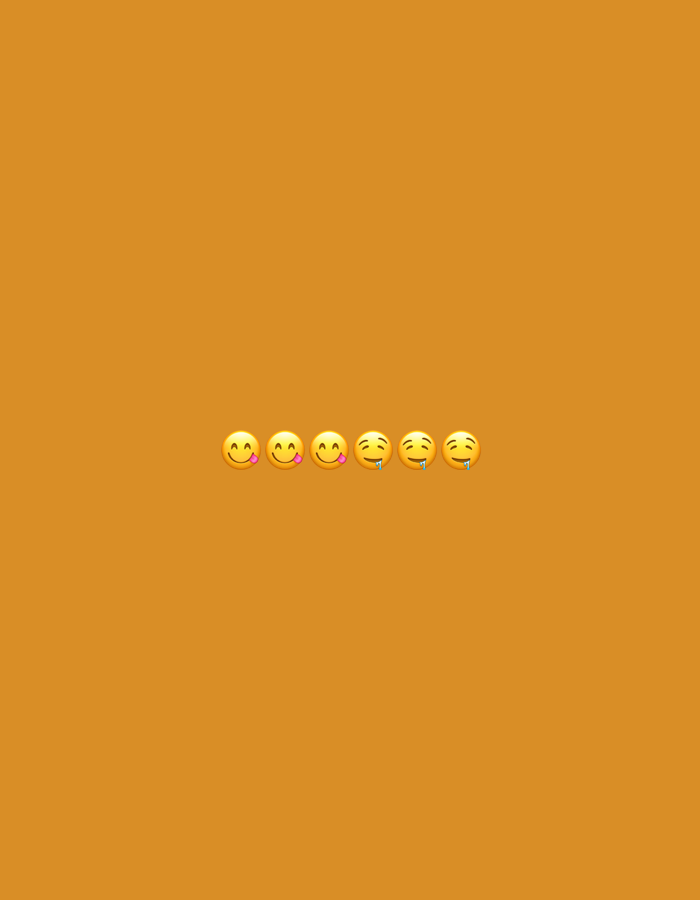 Six yellow emoji faces are arranged in a horizontal line across the bottom center of the image against an orange background. From left to right, the emoji faces depict: smiling with tongue sticking out, smiling with open mouth and tongue out, smiling with tongue sticking out, face with tongue sticking out, face with tongue sticking out, and face with tongue sticking out. The image does not depict the city of Gorzow, Poland.