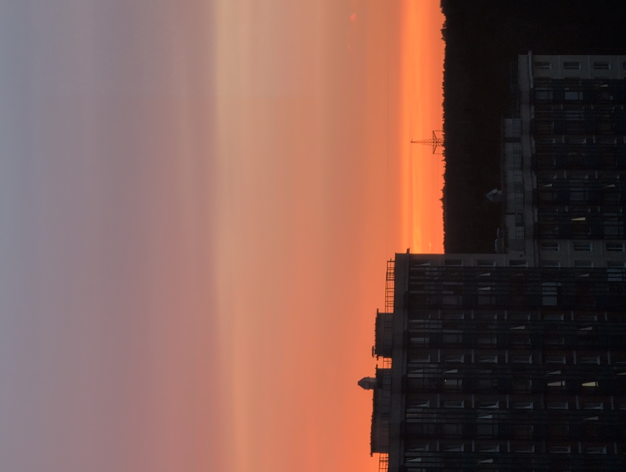 This is a photograph taken in Saint Petersburg, Russia, during a sunset. The sky displays a gradient of colors, transitioning from a pale lilac at the top to a vibrant orange near the horizon. Silhouetted against the colorful sky are two large apartment buildings. The building in the foreground is dark gray and appears to be a multi-story residential complex with numerous windows. To the right of this building, a lighter-colored apartment building is partially visible. In the distance, a dark line of trees forms the horizon, and a tall, skeletal electrical pylon stands prominently against the sunset. The overall impression is one of an urban landscape at dusk.