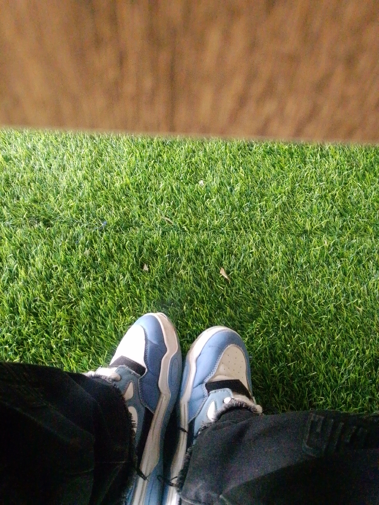 The image shows a close-up, overhead view of a person's feet, clad in blue and white athletic shoes, resting on a patch of artificial green grass. The grass appears to be short and well-maintained, with a textured surface. Above the grass, a blurred area of a brown, wooden surface is visible, suggesting the presence of a table or a bench. The lighting in the image is moderate, casting soft shadows on the grass. The overall impression is one of a relaxed outdoor setting. There is no information in the image to indicate the location is Barikin Jirga Summa, Nigeria.