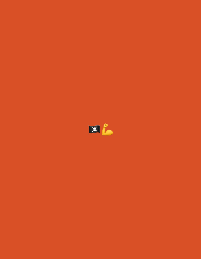 The image displays a minimalist composition with a solid orange background. In the center of the frame, there are two emojis. On the left, there is a black pirate flag with a white skull and crossbones. To the right of the flag, there is a yellow emoji of a flexed bicep. The image is a digital graphic and does not depict any real-world scene, therefore it cannot be associated with any specific location like Zvezdara Urban Municipality, Serbia.