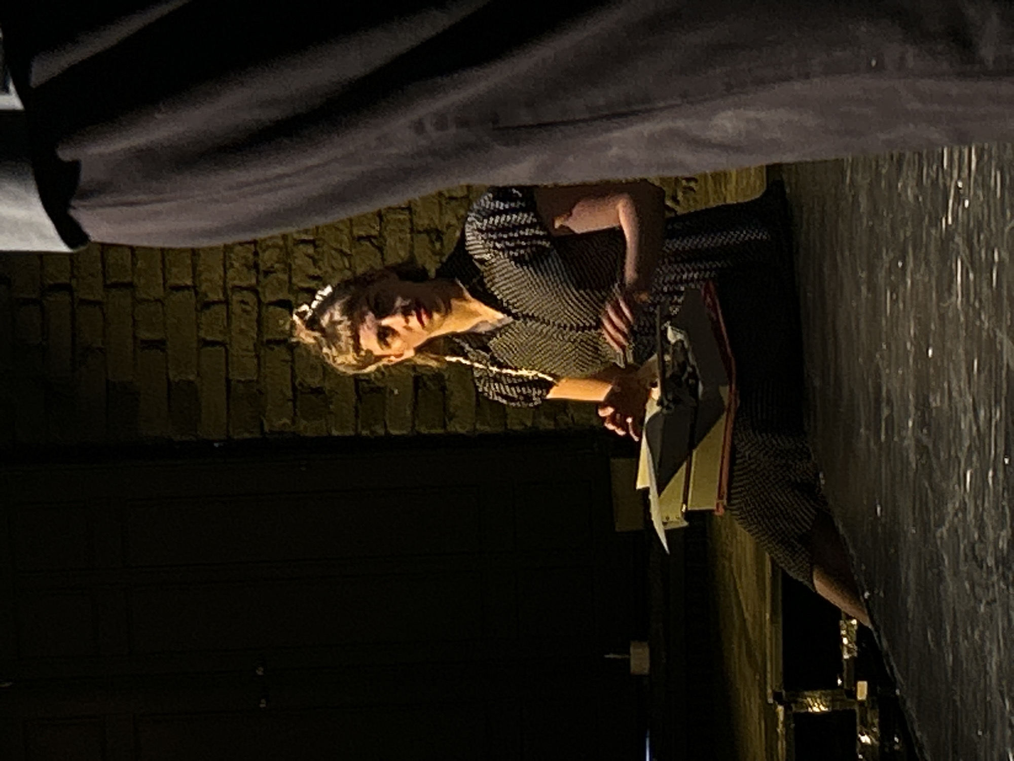 A woman in a patterned dress holds a clipboard in her hands. She is standing in front of a dark building with a brick wall above it. Tinsel is visible to the right of her. The location is Unknown, Unknown.