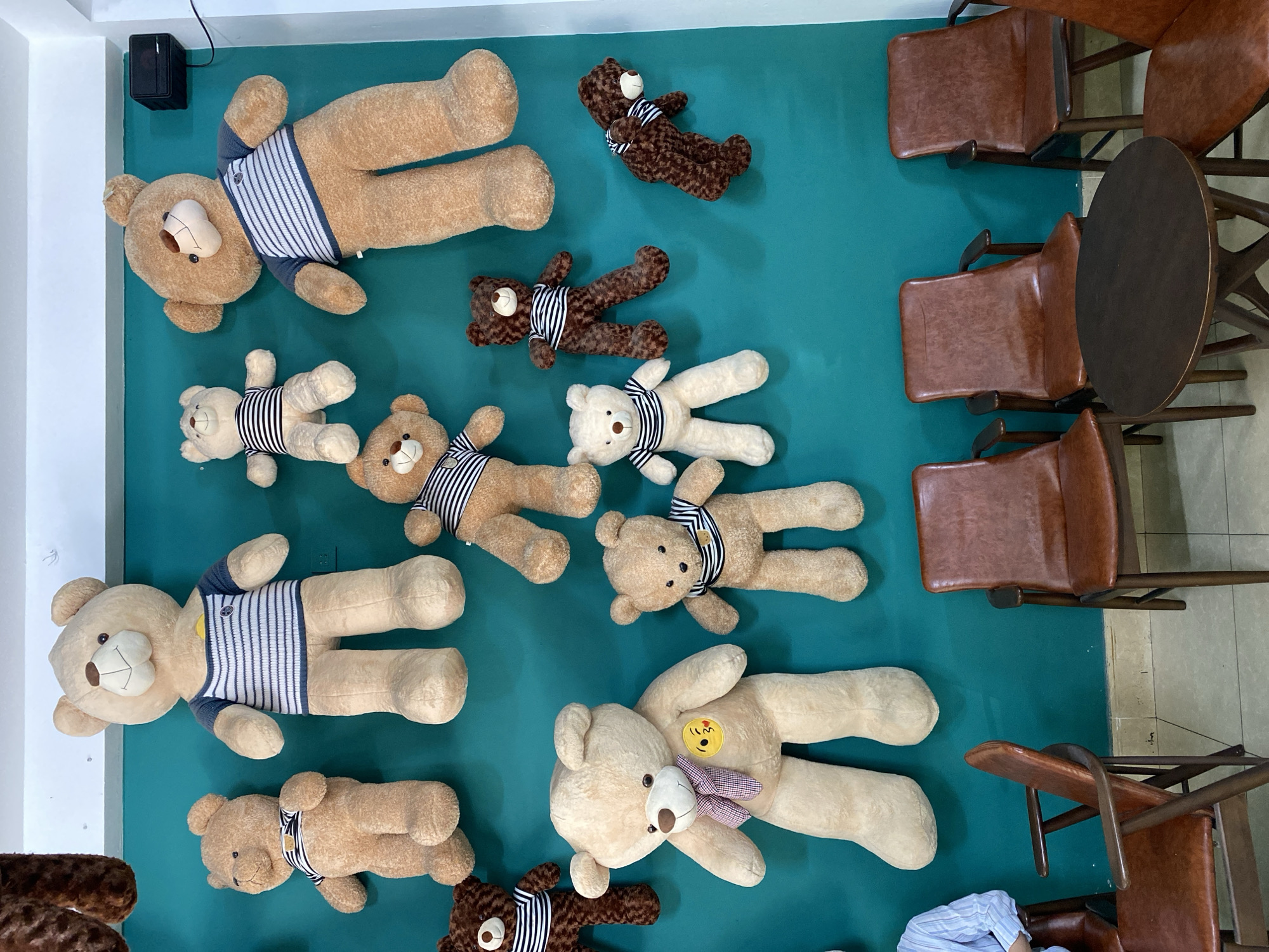 The image shows a wall display of teddy bears of various sizes and colors, predominantly brown and beige. The bears are arranged in multiple rows, with some wearing striped shirts. Below the wall display, there are several brown leather chairs and a round wooden coffee table. A person wearing a light blue striped shirt is partially visible seated in one of the chairs on the left. The setting appears to be an indoor establishment, possibly a cafe or shop, in the city of Đà Nẵng, Vietnam, suggested by the tiled floor and the overall decor. The wall is painted a teal green color, and a black speaker is mounted on the upper right side of the wall.