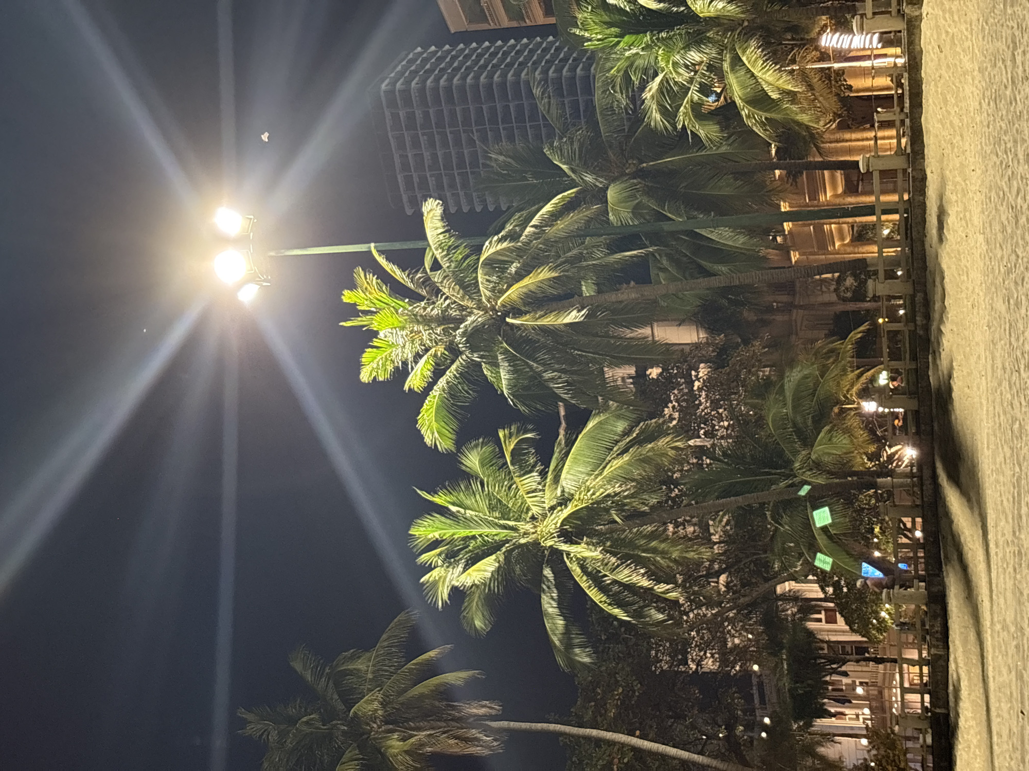 This is a nighttime photograph taken on a beach, likely in Nha Trang Ward, Vietnam, indicated by the presence of palm trees, a sandy beach, and a building in the background that appears to be under construction or in a state of disrepair. The scene is illuminated by a bright streetlamp at the top center of the image, which casts long beams of light across the dark sky. The foreground shows a sandy beach with subtle shadows. Behind the beach, there is a low wall or barrier, beyond which are palm trees and vegetation. In the mid-ground, several buildings are visible, including a multi-story structure with a grid-like pattern of balconies or unfinished floors. Other buildings appear to be illuminated with warm lighting, suggesting they are hotels or resorts. The overall atmosphere is tropical and nocturnal.