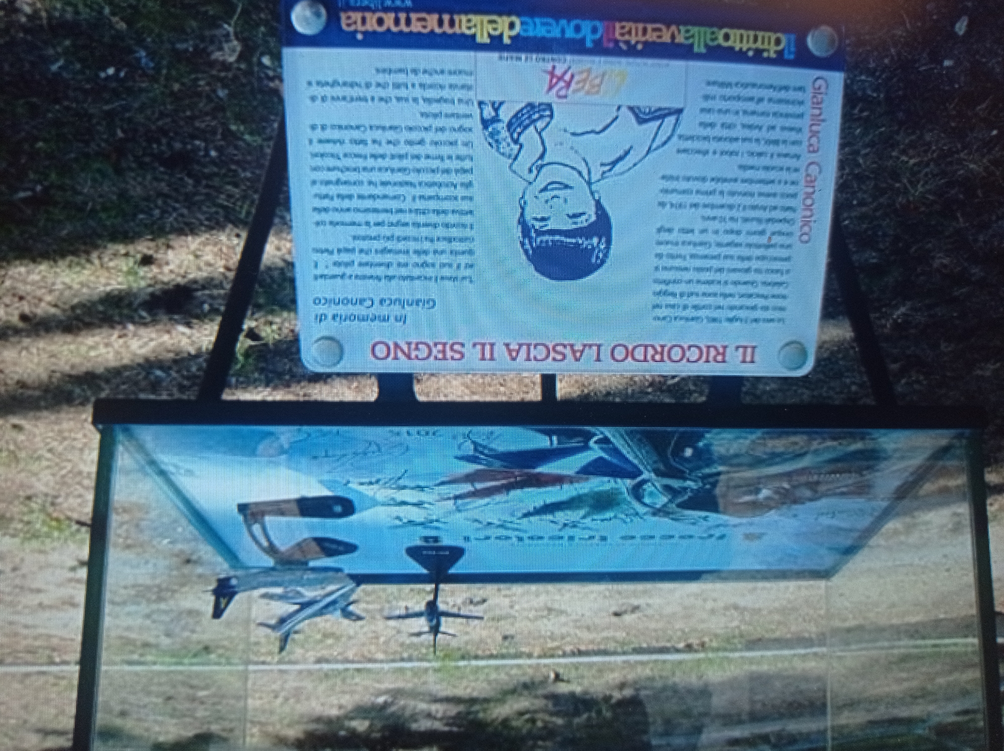 The image shows an outdoor memorial display, likely in a public space, consisting of a glass-enclosed diorama on a black metal stand. Inside the glass case, there are model airplanes placed on a map, possibly representing flight paths or a geographical area. The diorama's surface appears to be a blue, reflective material, with some images and text visible beneath it.
In front of the display is a white informational plaque with text and an illustration. The text is in Italian and includes a title "IL RICORDO LASCIA IL SEGNO" (Memory Leaves a Mark). Below this title, there is text detailing a person named Gianluca Canonico, and a child's drawing of a smiling boy. The plaque also features the logo "LIBERA" and a URL at the bottom, "ildirittoallaverità doverelamemoria www.libera.it".
The background consists of blurred greenery and dry ground, suggesting an outdoor environment. There are no people visible in the immediate vicinity of the memorial. The lighting appears to be natural daylight. There is no indication that this image is located in Mukachevo, Ukraine; the text is entirely in Italian, and the context suggests a memorial related to aviation and potentially victims of accidents.