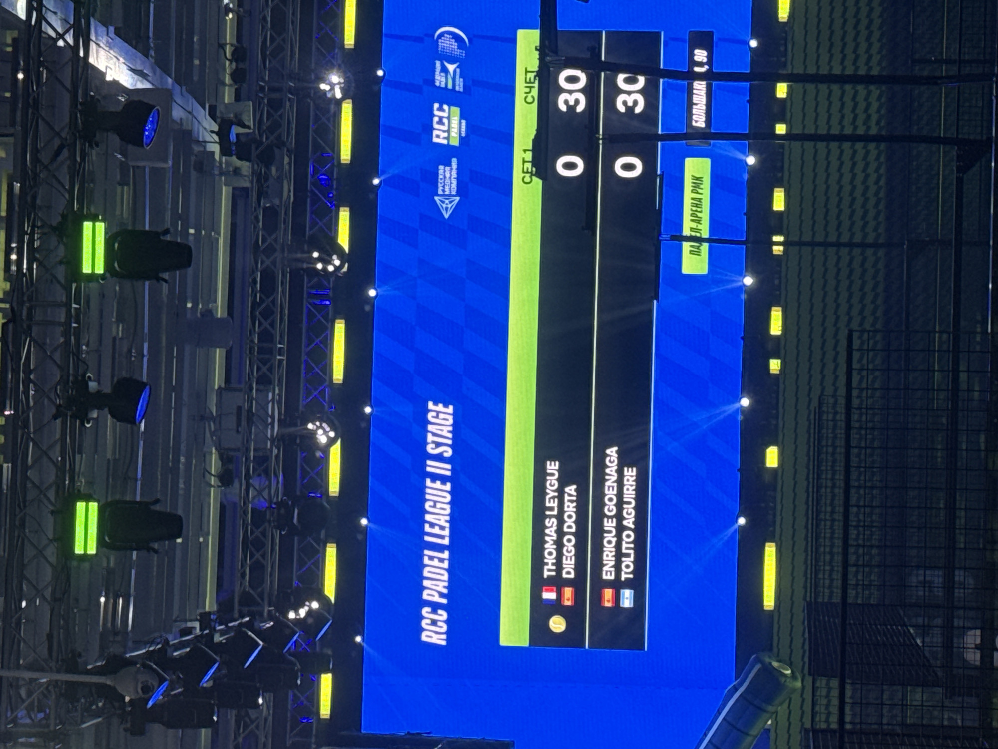 The image shows a screen displaying the score for an RCC Padel League II Stage match. The teams are Thomas Leygue and Diego Dorta versus Enrique Goenaga and Tolito Aguirre. The score is 0-30 in the first set for both teams. The screen also displays the Russian Copper Company (RCC) logo and advertises the PALEL-ARENA RMK venue at Bolshakov 4, 90. The image also contains a lot of stage lights.
