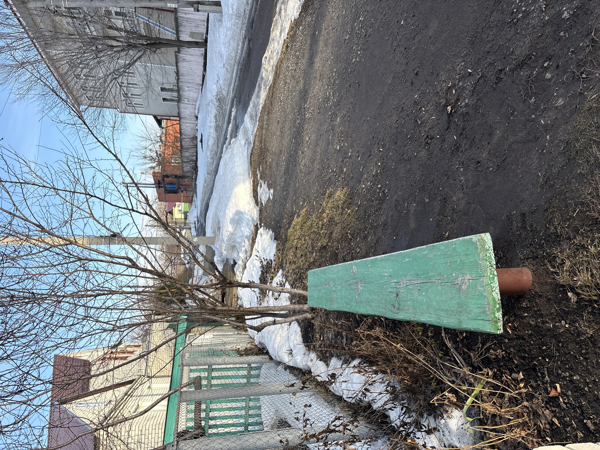 The image depicts a residential street scene in Ulyanovsk, Russia, during what appears to be late winter or early spring. In the foreground, a weathered, faded green wooden bench with a visible wood grain and chipped paint is positioned on a dirt path to the left. It rests on a single reddish-brown cylindrical support. To the left of the bench and extending along the path, patches of melting snow are visible alongside dry, brown dormant vegetation and dark, exposed soil.
A chain-link fence with vertical green wooden slats runs parallel to the dirt path on the left side, separating it from a light-colored, possibly cream or beige brick house with a brown sloped roof and multiple windows. Bare-branched deciduous trees and shrubs are situated between the fence and the path. A utility pole stands upright on the right side of the path, approximately in the midground.
The path itself is primarily dark, exposed earth and mud, with remnants of snow and ice along its edges, particularly where it meets a paved or more compacted road surface further into the scene. Across the road, a taller, light grey or off-white multi-story building with numerous windows and a white, possibly wooden, fence in front is visible on the right. Further down the street, other residential structures, including a red brick building and a yellow/green house, are discernible amidst more bare trees and snow patches under a clear, bright blue sky. No individuals or discernible actions are present in the scene.