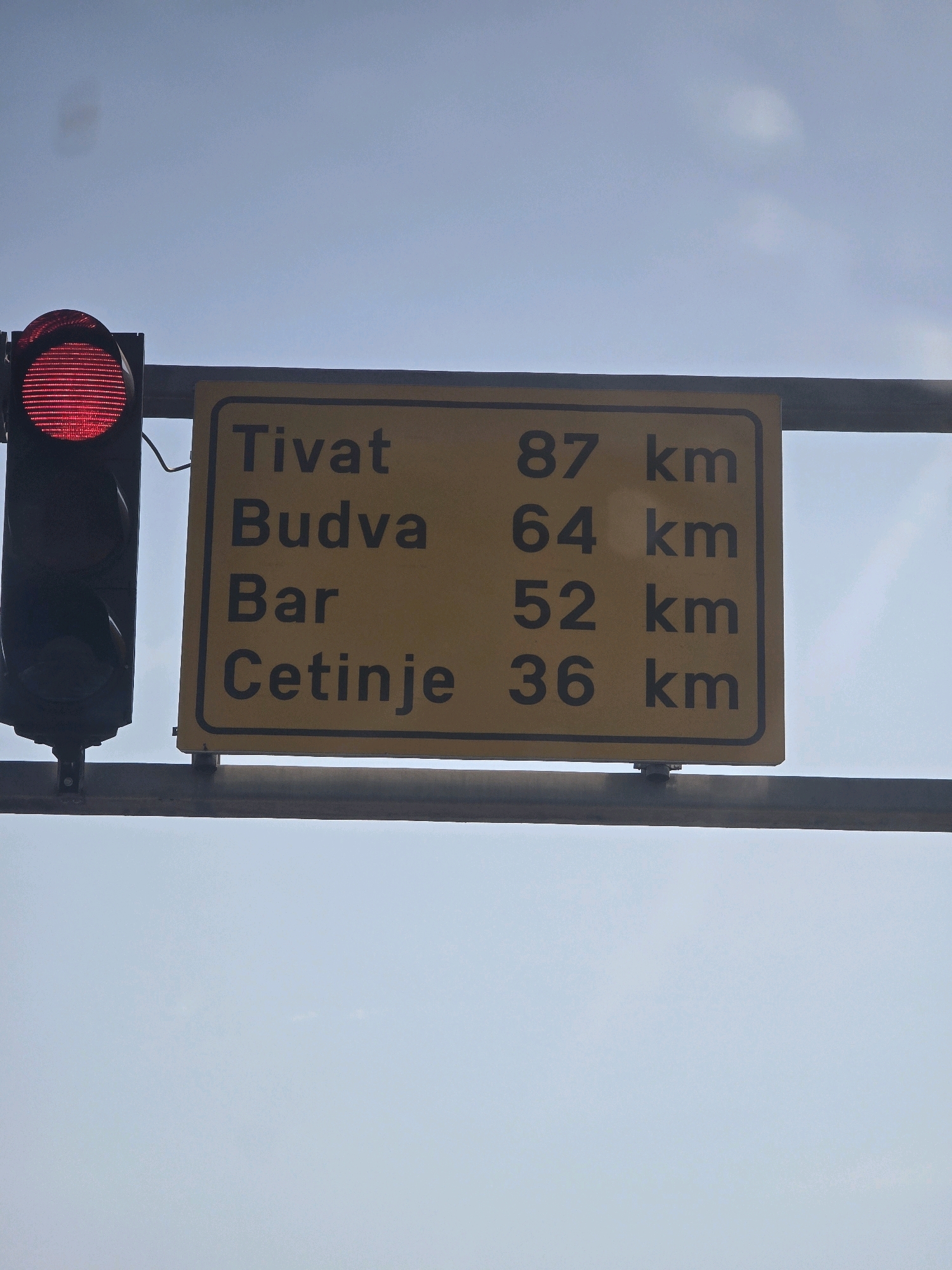 The image shows a traffic light with a red light illuminated, located next to a yellow road sign. The sign displays distances to four cities in Montenegro: Tivat (87 km), Budva (64 km), Bar (52 km), and Cetinje (36 km). The sign and traffic light are mounted on a metal beam against a clear sky. The scene appears to be on a road outside of Podgorica, Montenegro, indicated by the distances to these cities.