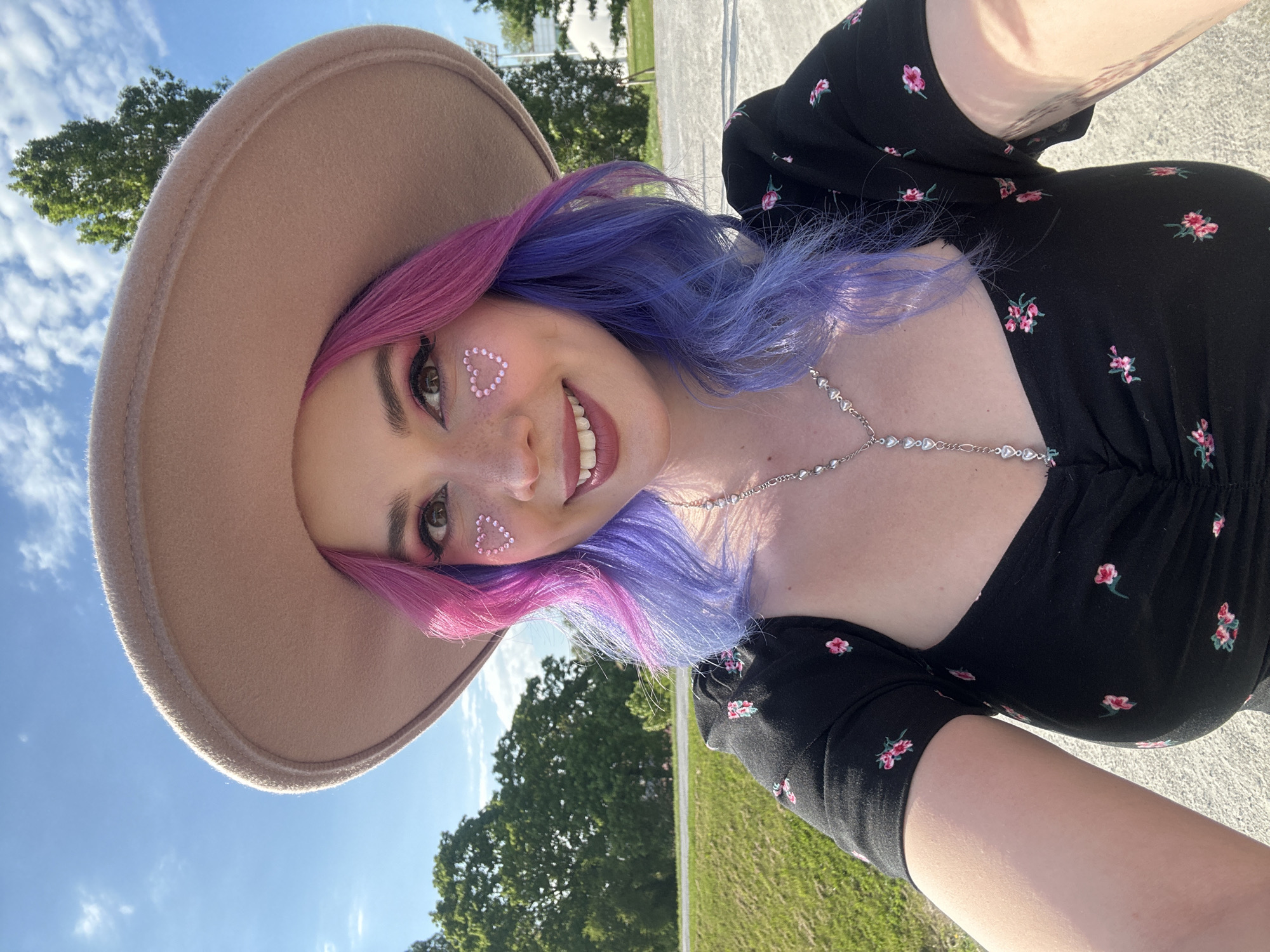 A vibrant selfie captures a young woman outdoors in what appears to be a park or public green space within the City of Zagreb, Croatia. The woman smiles brightly, looking directly at the camera. She showcases a distinctive personal style, featuring two-toned hair dyed in vivid pink on one side and purple on the other, partially covered by a light brown, wide-brimmed hat.
Her makeup is elaborate and playful, with winged eyeliner and delicate pink heart-shaped glitter or rhinestones adorning her cheekbones beneath her eyes. She wears a black top or dress patterned with small pink flowers and a silver necklace composed of small, interconnected heart-shaped links.
The scene is set outdoors under a clear blue sky with scattered white clouds, suggesting pleasant daytime weather. Lush green trees and grass are visible in the background, along with a paved or concrete surface, indicating an urban park or similar open area. The bright natural light illuminates her cheerful expression and colorful details. No text is visible in the image.