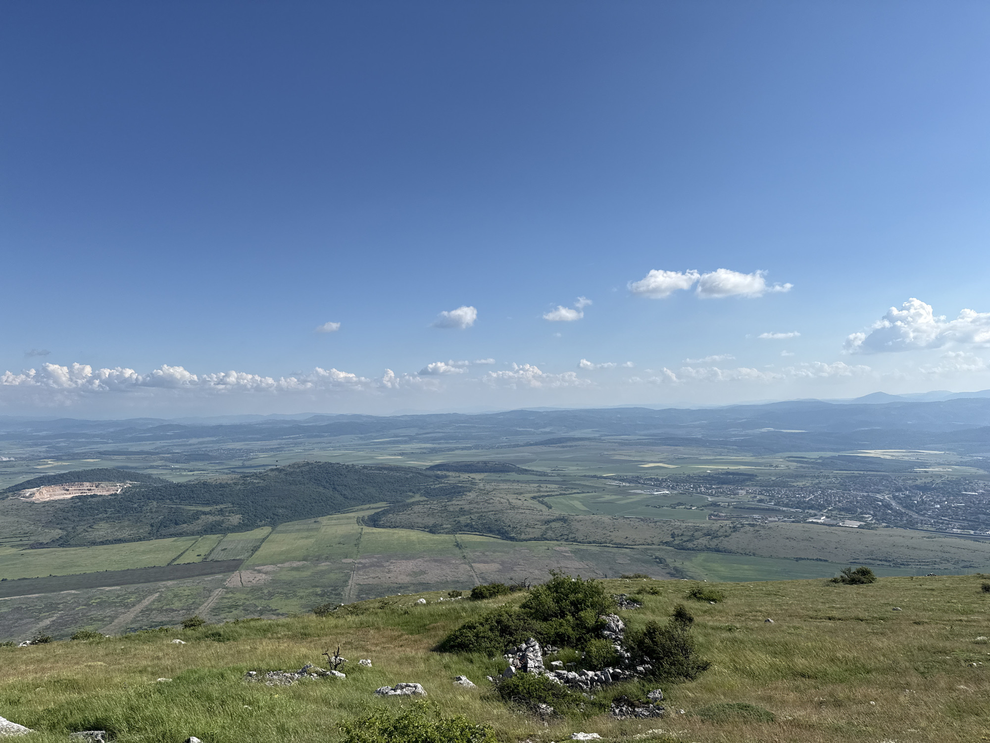 The image presents a wide-angle panoramic view from a elevated position, likely a hilltop or mountain, overlooking a vast landscape under a clear blue sky. Approximately two-thirds of the upper frame is occupied by a bright blue sky with scattered white cumulus clouds of varying sizes; a denser cluster is visible on the far right horizon, while smaller, more isolated clouds dot the central sky.
The immediate foreground, comprising the bottom 15-20% of the image, consists of a gently sloped grassy terrain. The grass is a mix of vibrant green and drier, yellowish-green patches. Numerous grey-white rocks and small, sparse green bushes are distributed across this area, with some rock formations appearing as loose piles of stone in the lower center and left.
Beyond the immediate foreground, the midground and background reveal an extensive rural and semi-urban landscape. In the mid-left, a large, light-colored open-pit quarry with distinct terracing is visible, surrounded by dark green forested areas. Adjacent to this, and stretching across the center of the image, are numerous agricultural fields, predominantly green, some exhibiting rectangular patterns and others irregular shapes, suggesting various crops or stages of cultivation. Darker green forest patches are interspersed among these fields and cover some low hills.
Towards the mid-right and extending to the right edge, a compact town or city is clearly visible, comprising a dense cluster of buildings with visible road networks. This settlement is identified as Dragoman, Bulgaria. Further into the background, successive layers of hills and mountains recede into the hazy distance, appearing bluer due to atmospheric perspective. No individuals, animals, or active interactions are discernible within the frame. The scene is illuminated by bright, natural sunlight, indicating fair weather conditions.