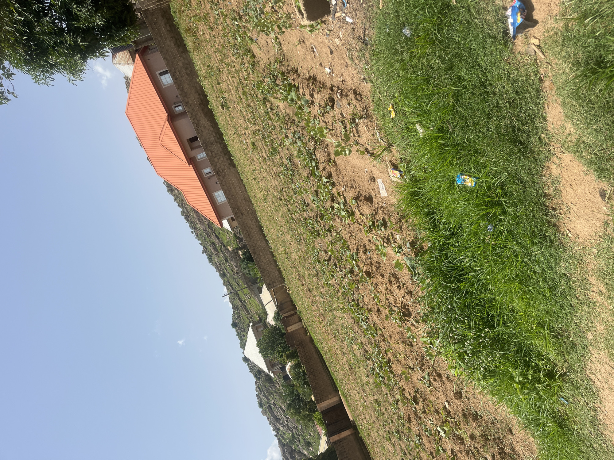 The image depicts a hillside landscape with agricultural plots and residential structures. In the foreground, a patch of green grass, some of which is overgrown, is visible, with scattered pieces of litter. Beyond the grass, a tilled field with young green plants arranged in rows stretches across the frame.
Further up the slope, a brick wall runs horizontally, separating the agricultural land from the residential area. Several houses are present, the most prominent featuring a bright orange, gabled roof. These houses are constructed with light-colored walls and have multiple windows. Behind the houses, a rocky, vegetated hillside rises. The sky is a clear, pale blue, with a few wisps of clouds. The scene appears to be located in Gura Top, Nigeria.