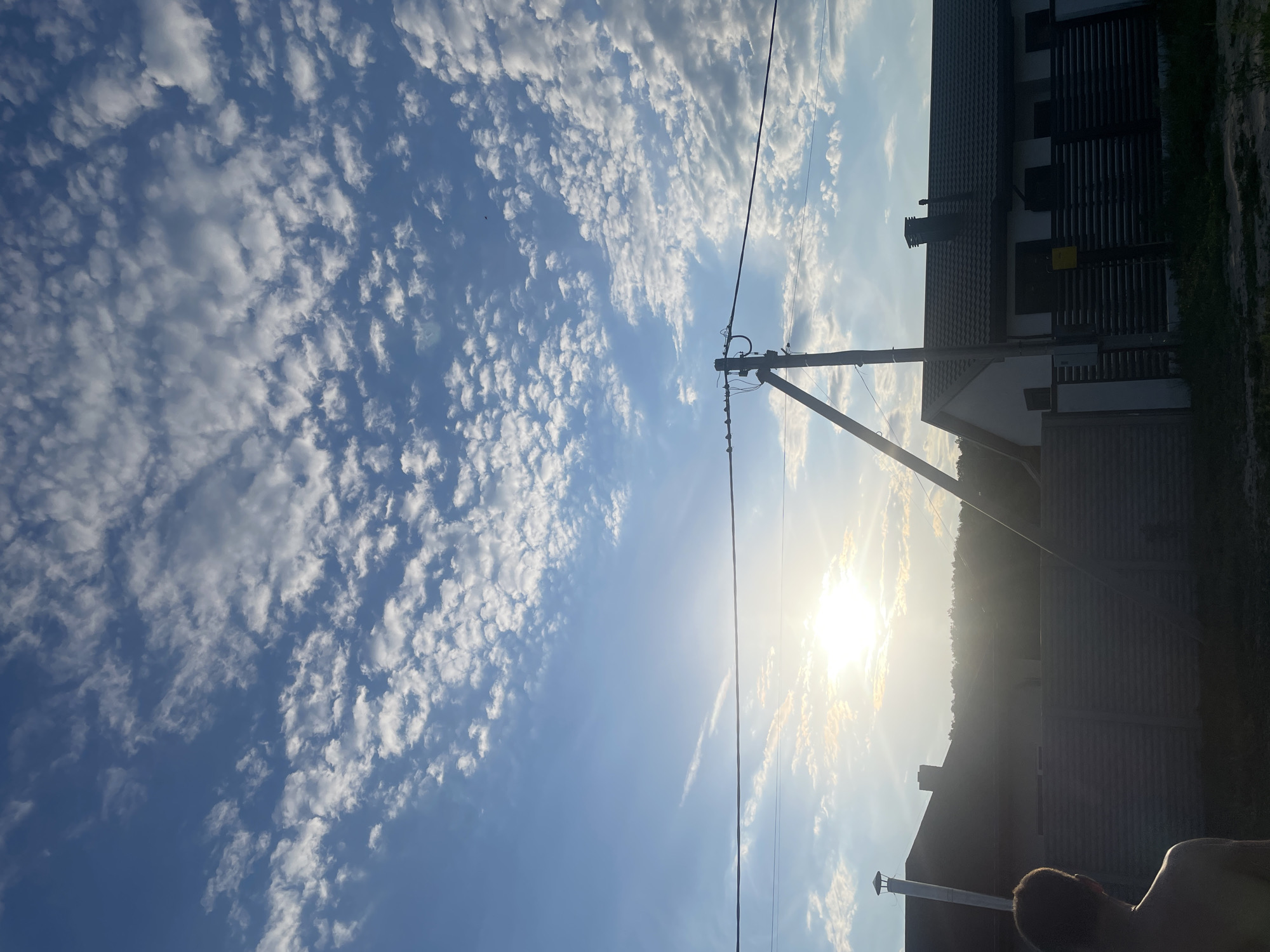 The image depicts an outdoor scene in Petrivka, Ukraine, characterized by a bright blue sky with numerous scattered white altocumulus clouds. The sun is positioned in the lower-left quadrant, emitting a strong lens flare and appearing as a radiant white disk with surrounding light, indicating either late afternoon or early morning. A bare-shouldered individual, with the back of their head and upper torso visible, stands in the lower-left corner, facing away from the camera and towards the sun.
In the midground, a substantial wooden utility pole with multiple dark electrical wires strung horizontally across the frame is prominently featured on the right side. The pole is stabilized by a diagonal support beam. To the left of the utility pole, a house with a dark, possibly tiled roof and a tall, light-colored chimney or vent pipe is partially visible, silhouetted against the sun. Another house with a dark, gabled roof and a dark chimney is visible on the right, partially obscured by a dark, slatted fence. A yellow utility box is mounted on a small post in front of this fence. Beyond the houses and fences, a dense line of dark green trees forms a distant horizon. The immediate foreground consists of dark, unpaved ground with sparse vegetation. The overall lighting suggests a sunny period, with long shadows and bright highlights consistent with direct sunlight.