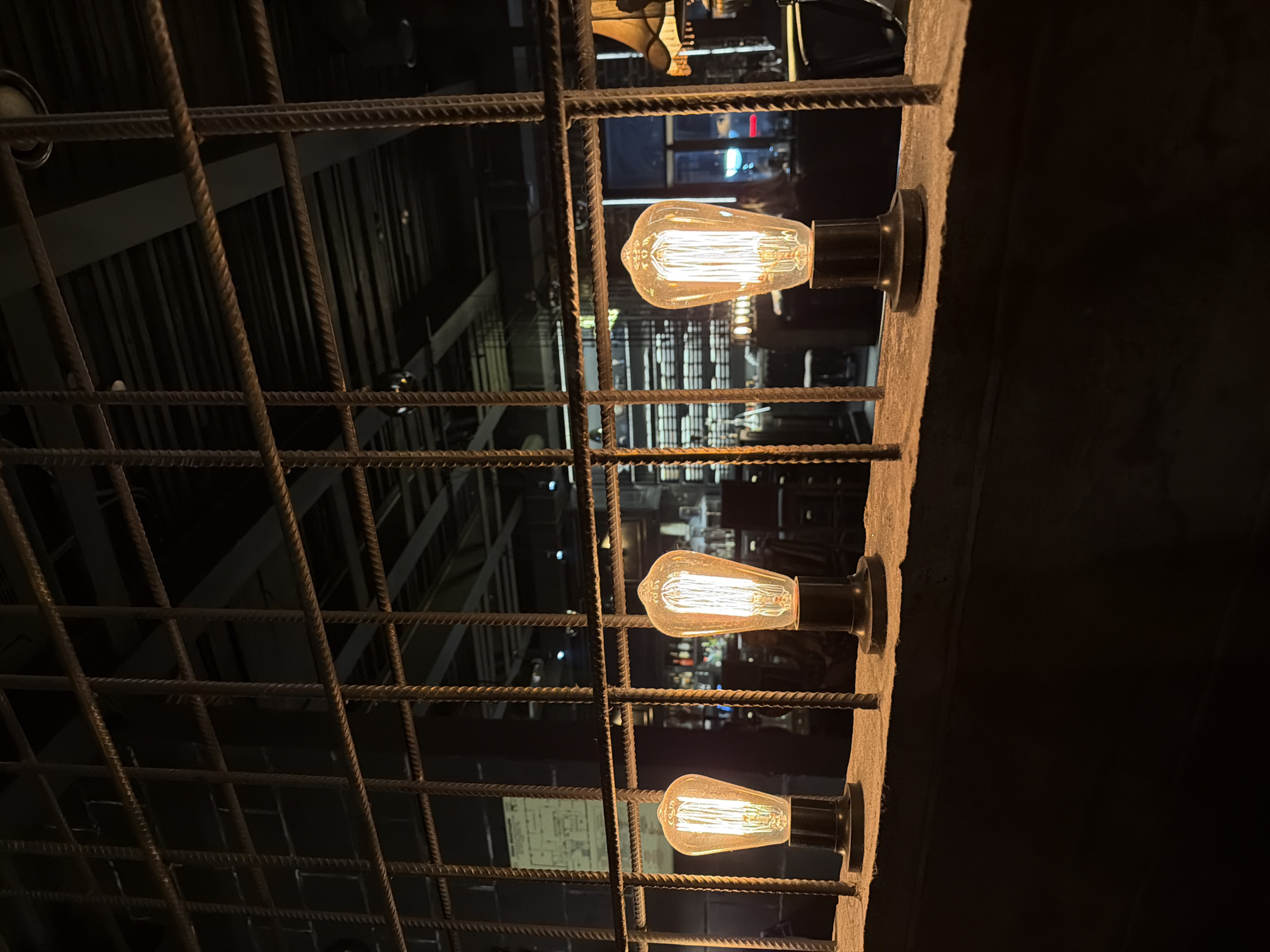 The image shows a close-up, low-angle view of a metal grid structure with three exposed light bulbs attached to a concrete wall. The light bulbs are of an Edison-style design with visible filaments. The grid is constructed of twisted metal bars, and a dark, urban scene can be seen through the grid. The concrete wall is rough and textured. The overall lighting is dim, with the light bulbs providing the main source of illumination. Based on the available information, it is impossible to confirm the location is in the city of Kazan, Russia.