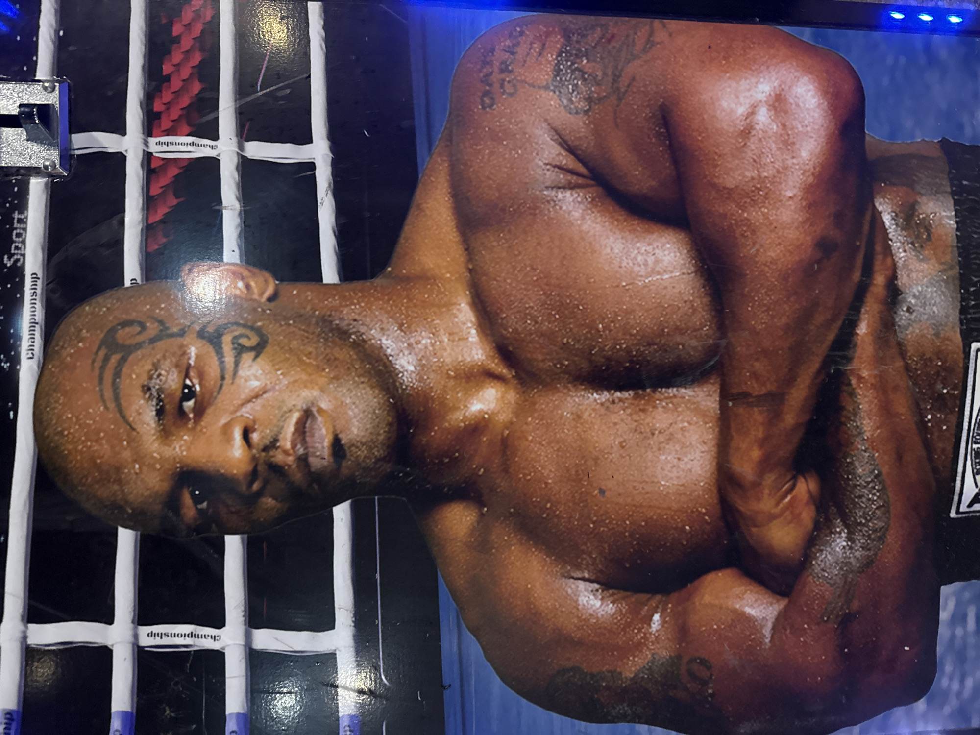 This image presents a rotated, close-up portrait of former professional boxer Mike Tyson, depicted in what appears to be a boxing ring setting. The subject is highly muscular and covered in sweat, highlighting his intense physical exertion. He is shirtless, with his right arm bent across his chest, showcasing his well-defined physique. His distinctive tribal tattoo is prominent around his left eye. Tyson's expression is serious and focused, conveying intensity and determination.
The background features white boxing ring ropes running horizontally and vertically. The word "Championship" is visible multiple times on these ropes, appearing both right-side up and upside down due to the image's rotation. Additionally, the word "Sport" can be seen on a dark vertical band on the left side. A tattoo on Tyson's right shoulder has partially legible text, possibly starting with "DAY GR...".
The overall scene suggests a moment either immediately following a fight or during an intense training session, emphasizing the raw physicality and dedication associated with boxing. The lighting enhances the glistening sweat on his skin. The metallic object on the far left appears to be a clip or fastener, possibly part of the display holding the image. The image is rotated 90 degrees counter-clockwise from its standard orientation. This media file is provided with a location context of Strazhitsa, Bulgaria.