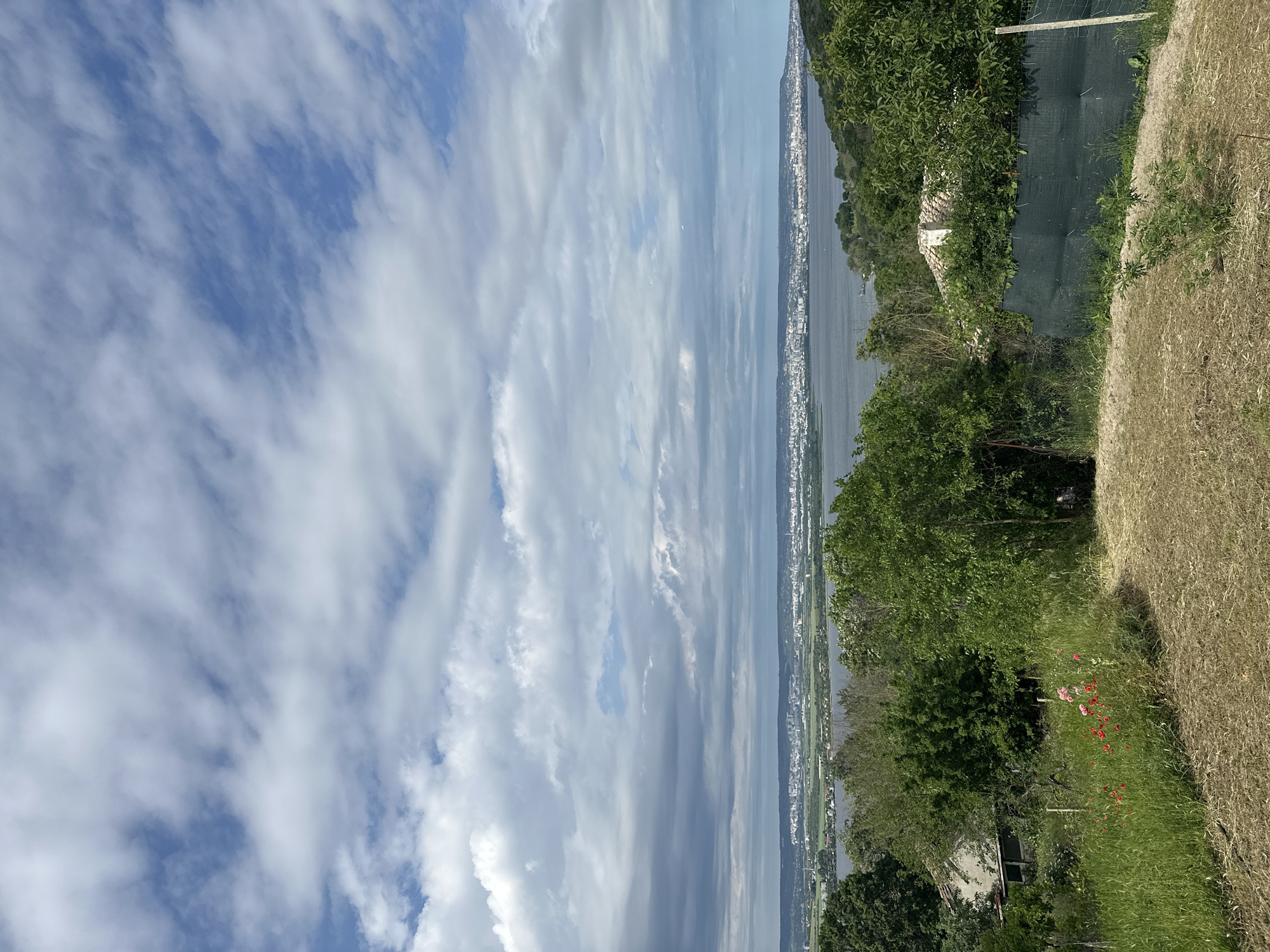 The image shows a view of Konstantinovo, Bulgaria, from an elevated position. The sky is filled with clouds. A body of water extends towards the city. Vegetation and a building are visible in the foreground. A fence line separates the vegetation from a grassy area. Red flowers are visible amongst the greenery.