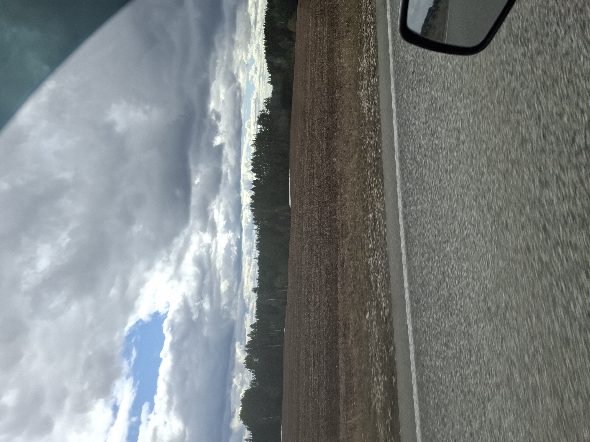 The scene depicts a view from a vehicle, possibly a car, driving on a road. The road appears to be asphalt and has a white line marking the edge. To the left of the road is a brown field. Beyond the field is a line of trees, possibly a forest. The sky is filled with white and grey clouds, with a patch of blue visible. A portion of the vehicle's side mirror is visible in the upper right corner. The scene is rotated to the left, with the road oriented vertically. The location is likely near Ledukhi, Russia, but specific details to verify this claim are not visible.