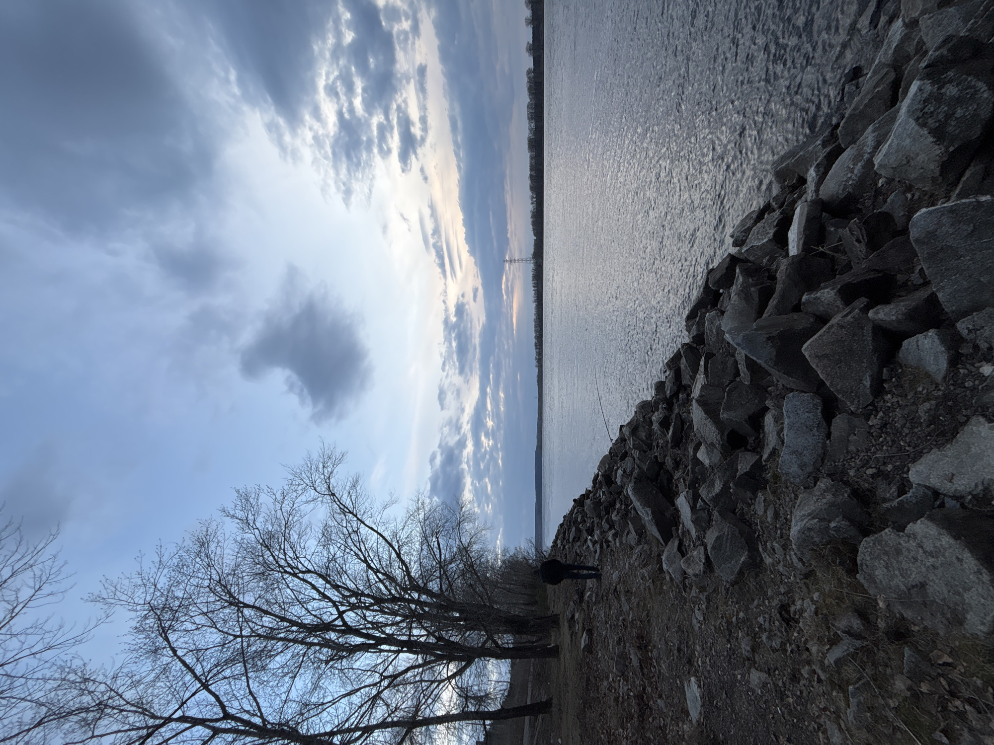 The image captures a tranquil riverside or lakeside scene in Chaikovsky, Russia, likely during late autumn or early spring given the bare branches of the trees. The expansive sky dominates the upper and left portions of the frame, filled with a mix of soft grey clouds and clear patches of blue, with hints of warmer, possibly golden light near the horizon, suggesting late afternoon or early evening.
A wide body of water occupies the right side of the image, its surface gently rippled and reflecting the overcast sky. Along the immediate bank on the right, a rugged formation of dark grey rocks slopes down to the water's edge. A narrow, dark dirt path runs alongside these rocks, where a single person stands, silhouetted against the water. Dressed in dark clothing, they face the distant horizon, seemingly lost in quiet observation or contemplation.
To the left of the path, several deciduous trees stand with intricate, bare branches, their dark forms silhouetted against the lighter sky. Across the water, a faint, dark line of trees marks a distant shoreline, and a slender, tall structure, possibly an electrical pylon, is discernible in the far distance against the horizon. No visible text is present. The overall atmosphere is serene and somewhat reflective.