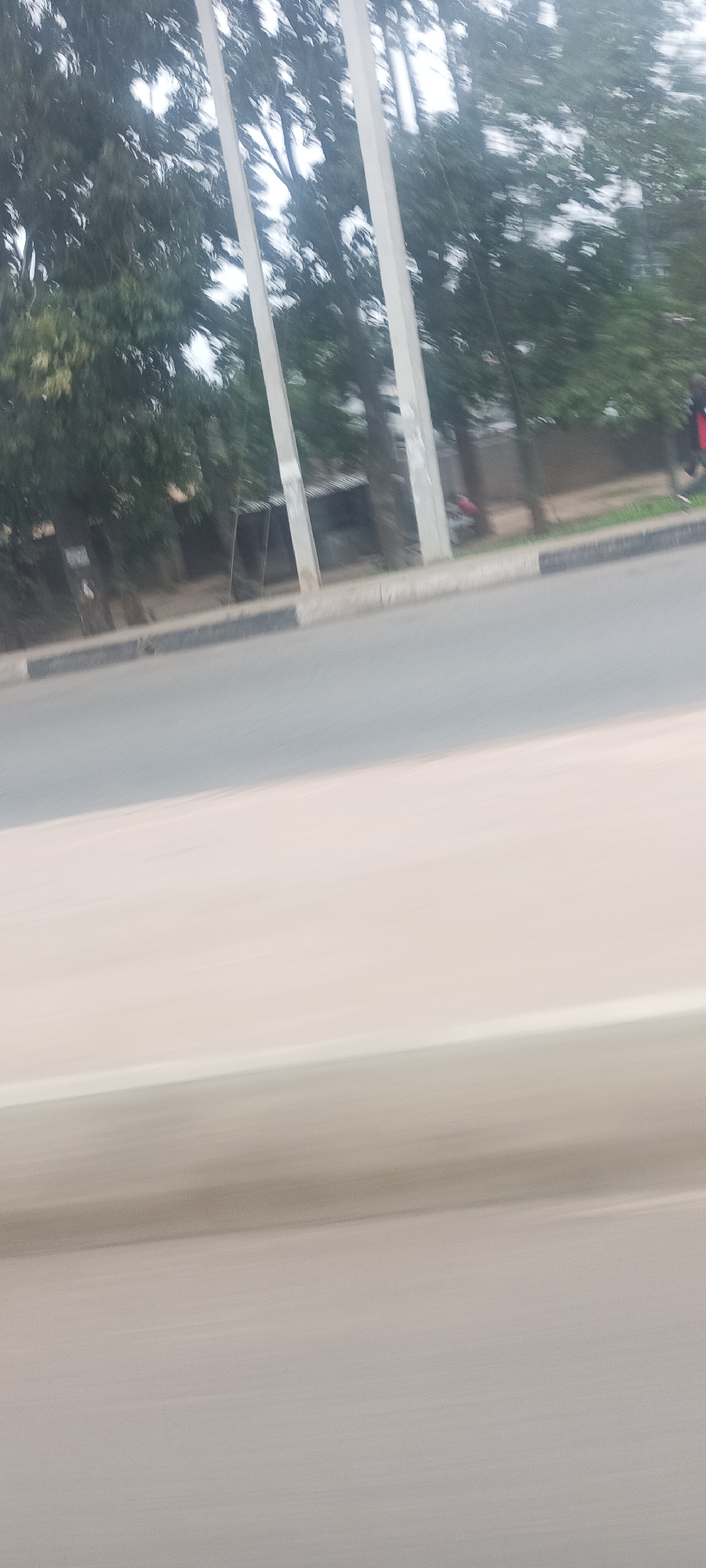 The image captures a blurred roadside scene, likely taken from a moving vehicle, evidenced by the motion blur across the foreground and background elements. The perspective is slightly angled, with the road occupying the lower portion of the frame.
The main subjects include a paved road in the foreground, transitioning to a curb painted with black and white stripes. Beyond the curb, there are several tall, white utility poles running parallel to the road. The background is dominated by a dense canopy of green trees, which appear streaked due to the motion blur. Through the gaps in the trees, a bright, overcast sky is visible.
On the far right side of the frame, partially obscured by the trees and blur, a person is visible, wearing what appears to be red and black clothing. They are standing or walking alongside the road. Further back among the trees, indistinct structures, possibly small buildings with corrugated roofs, can be faintly perceived.
The overall activity depicted is a journey along a road, with the environment passing by. The time of day appears to be during daylight hours, but the overcast sky suggests diffused light, rather than direct sun. There are no discernible emotions conveyed, given the nature of the shot. No visible text can be identified in the image. The scene suggests a typical rural or semi-urban setting in Gura Top, Nigeria.