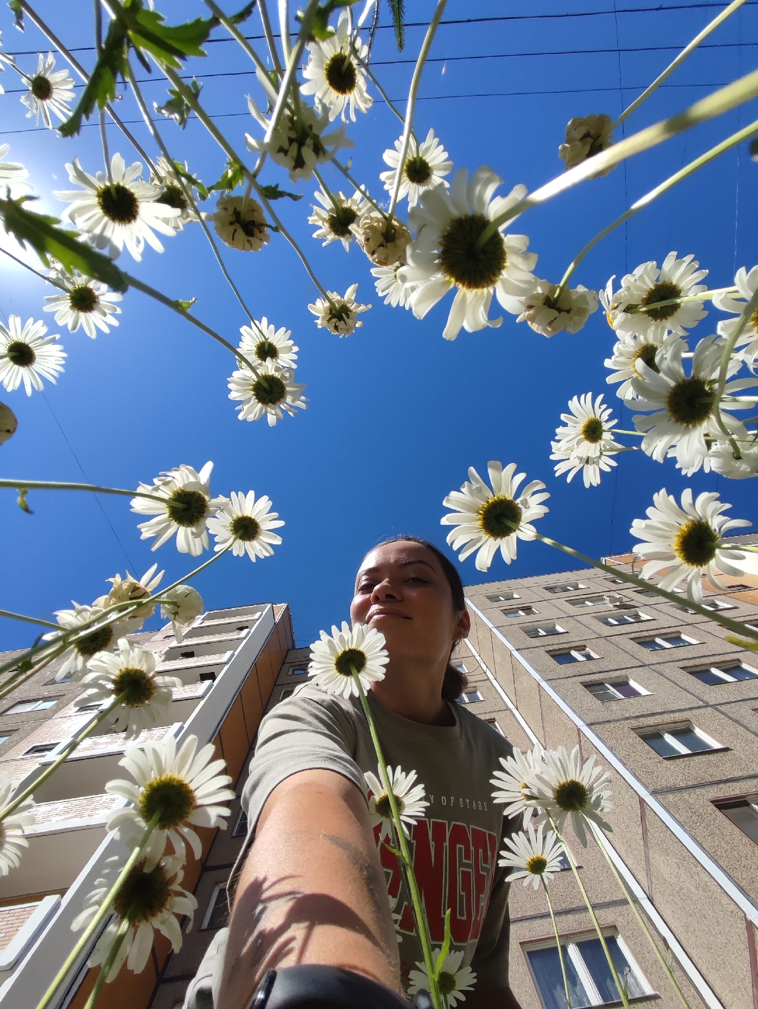 A low-angle, wide-shot photograph captures a young woman in the foreground, partially obscured by a cluster of daisies, as she extends her arm and camera upwards. The daisies, with their white petals and dark centers, are strategically placed to frame the woman and dominate the upper portion of the image, appearing to grow out of the ground and reach towards the bright blue sky. The woman is wearing a dark t-shirt with red lettering and is looking towards the camera with a slight smile. Behind her, a tall, Soviet-era apartment building, characteristic of Chaikovsky, Russia, rises in the background. The building's textured concrete facade, uniform windows, and balconies suggest a typical urban residential setting. The sunlight illuminates the scene, casting shadows from the flowers and creating a sense of depth and contrast. The overall impression is one of a playful and intimate moment captured outdoors amidst an urban landscape.