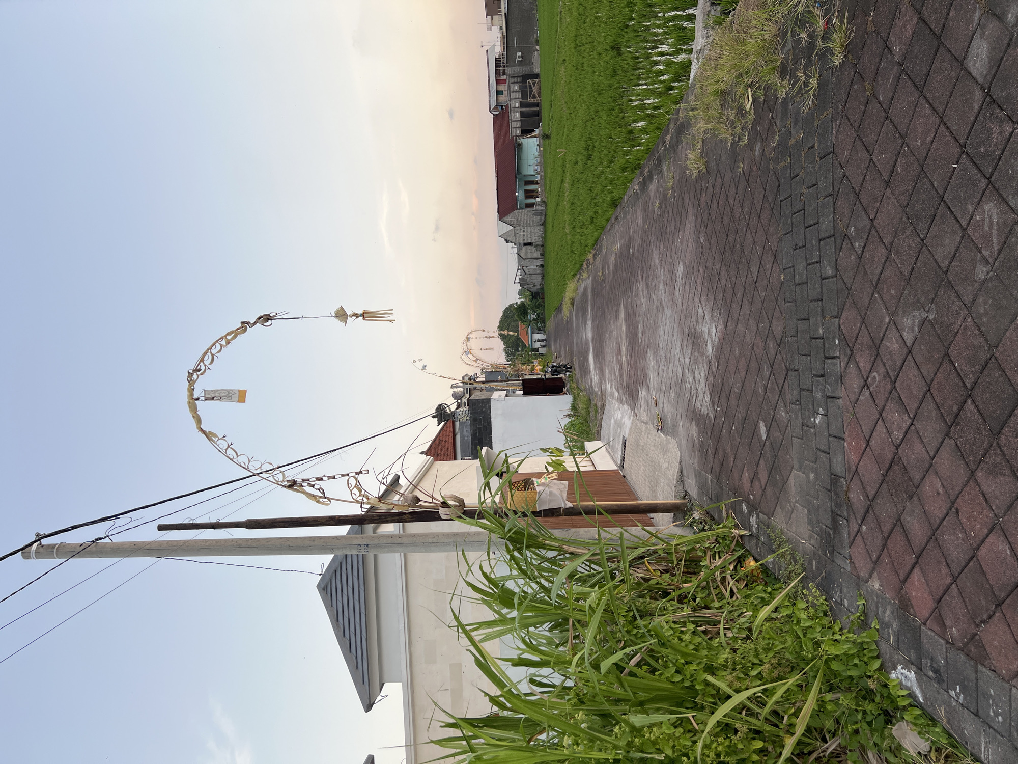 This media file depicts an outdoor scene in Mengwi, Indonesia. The image is oriented vertically. In the foreground, there is lush green foliage and a paved walkway constructed with diamond-shaped reddish-brown bricks. Beyond the walkway, a vibrant green rice paddy stretches into the distance.
Several buildings are visible along the edge of the rice paddy, appearing to be residences or small businesses. There are also utility poles with electrical wires crisscrossing the sky. Festive decorations, possibly for a celebration or holiday, are strung across a section of the scene, including arched structures and dangling ornaments made of natural materials.
The sky suggests either early morning or late afternoon due to the soft, diffused light and pastel colors. There are some wispy clouds present. The overall atmosphere appears peaceful and serene. While no people are clearly discernible in the image, the presence of the decorations and the residential structures suggests an inhabited area. There is no visible text in the image.