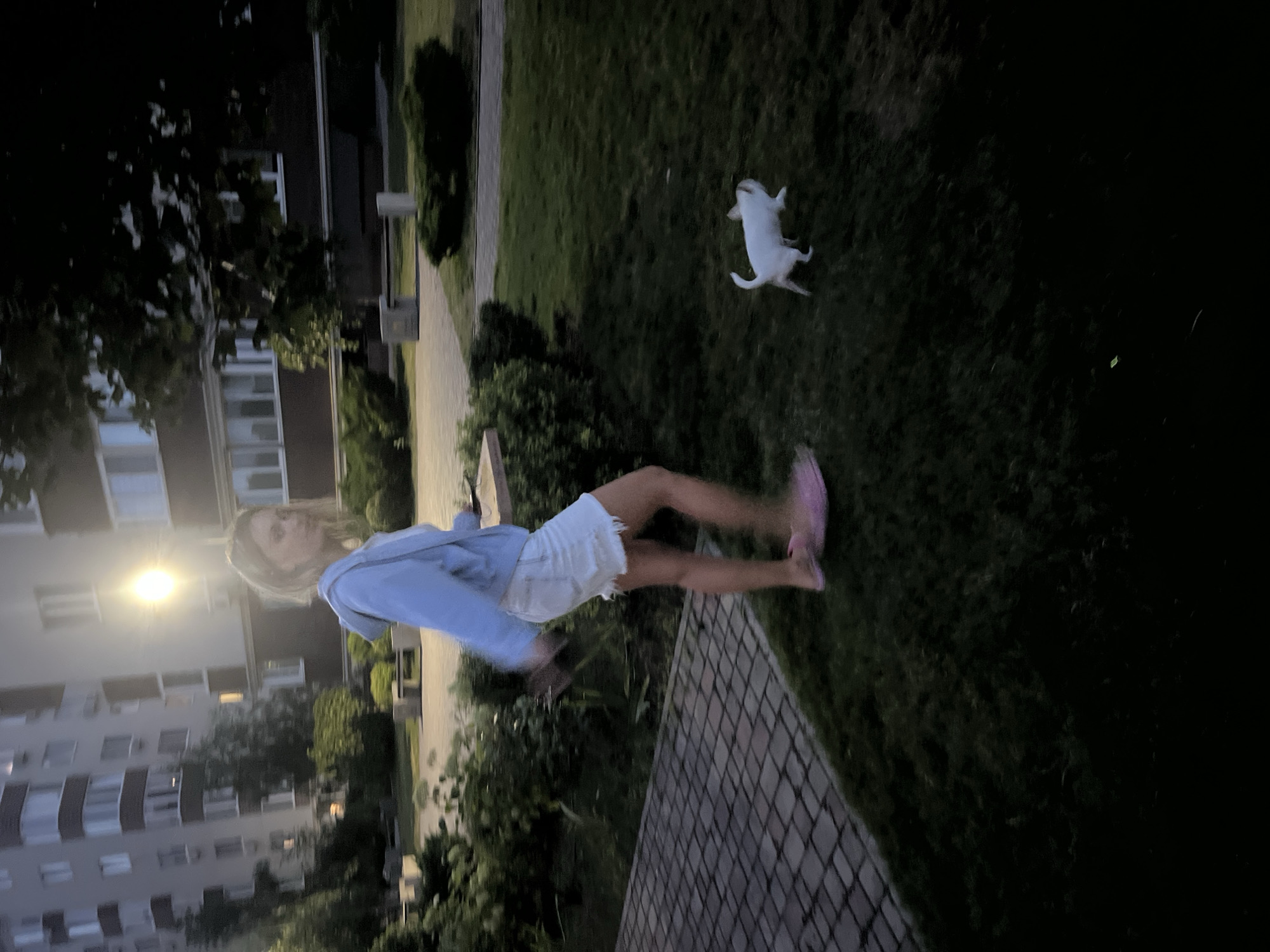 A young woman in a light blue hooded jacket and white denim shorts is walking on a grassy area next to a paved path in Kryzhanivka, Ukraine. She is wearing pink slip-on shoes and her movement is blurred. A small white dog is walking on the grass to her right. In the background, there are apartment buildings, trees, and streetlights. The scene appears to be set during dusk or at night.