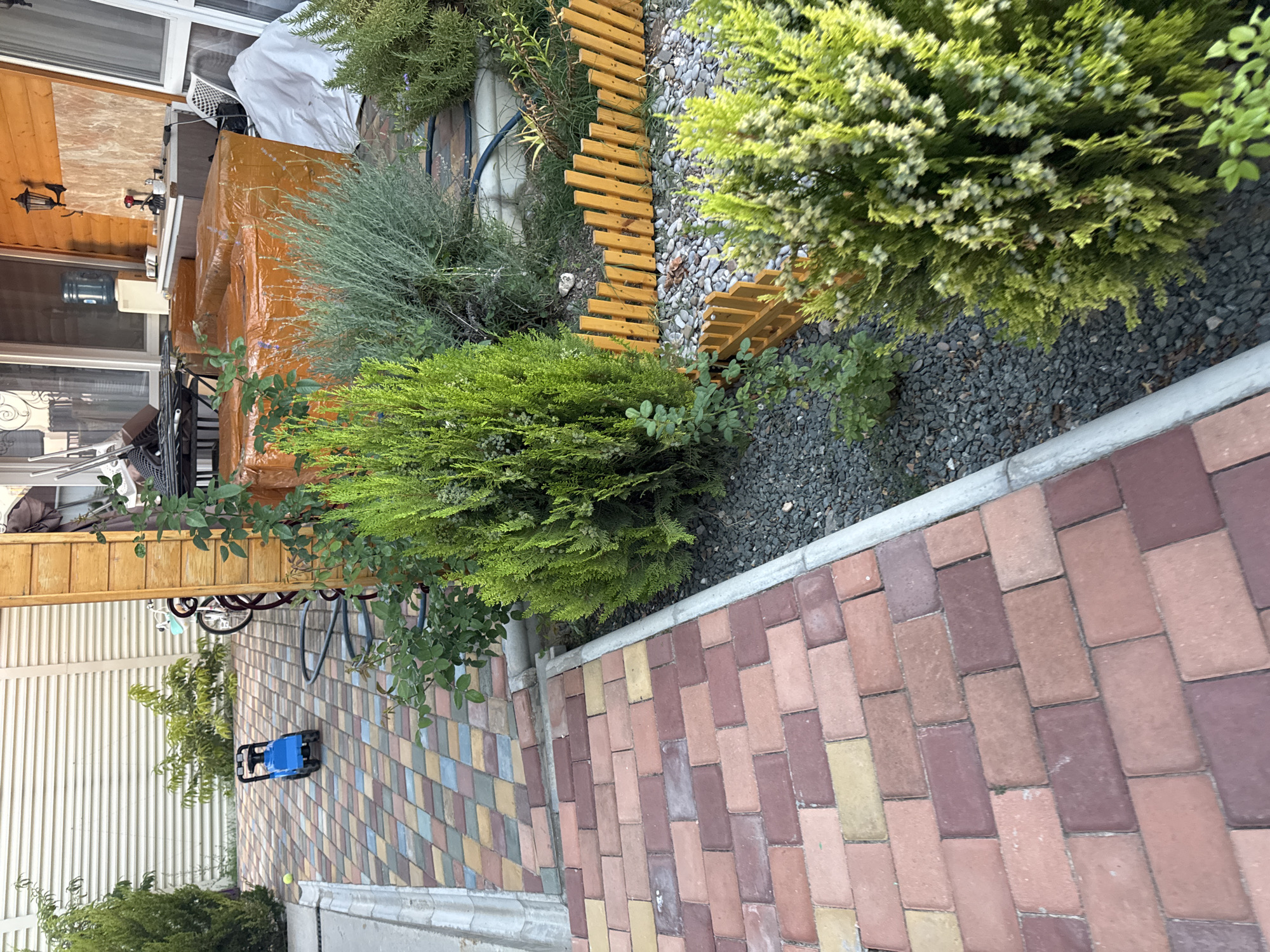 The image depicts a backyard area with a paved walkway and a garden. In the foreground, a brick pathway leads towards a house with wooden siding. To the right of the pathway, a garden bed with gravel and small plants is visible, bordered by a decorative wooden fence. Further back, a blue toy car is placed on a patterned paver surface. Behind the toy car, a bicycle is partially visible. The background includes the exterior of a house with windows and a porch area covered with orange plastic sheeting. The scene appears to be in a residential area, possibly a backyard in the city of Uyutnoye, Ukraine.