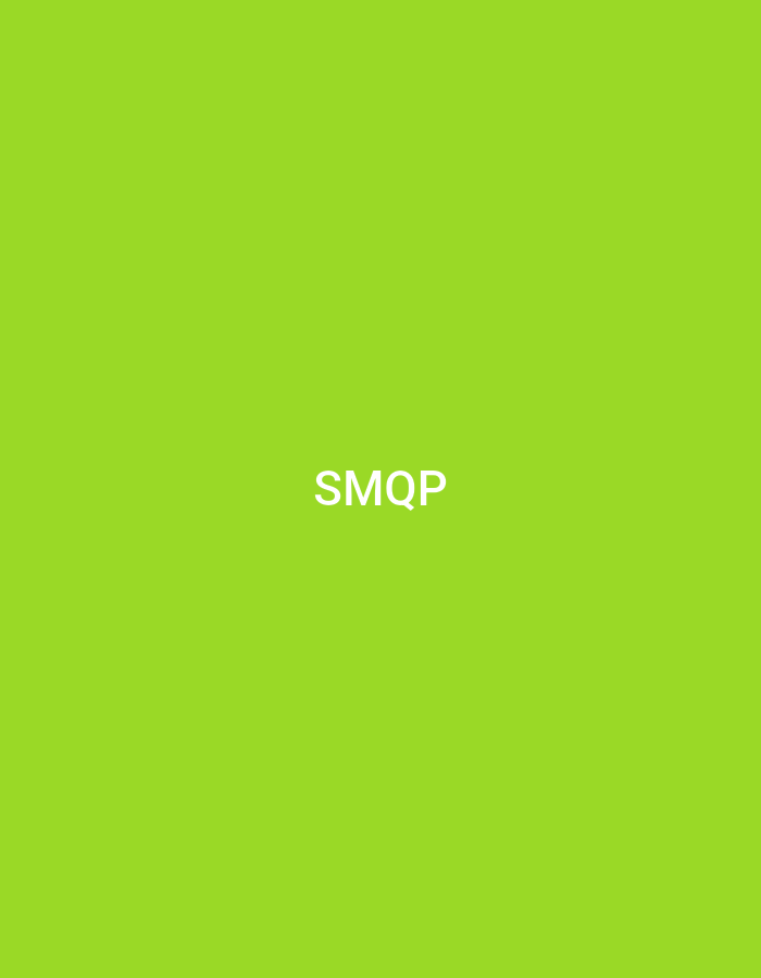 The image presents a solid, uniform field of vibrant lime green color. Centered horizontally and positioned slightly below the vertical midpoint of the frame, the uppercase letters "SMQP" are displayed in white, sans-serif font. No other subjects, objects, people, or environmental details are discernible within the frame to indicate a specific scene, action, or interaction, nor to provide visual cues pertaining to the city of Casablanca, Morocco, or any other geographical location. The scene is a minimalist graphic display.