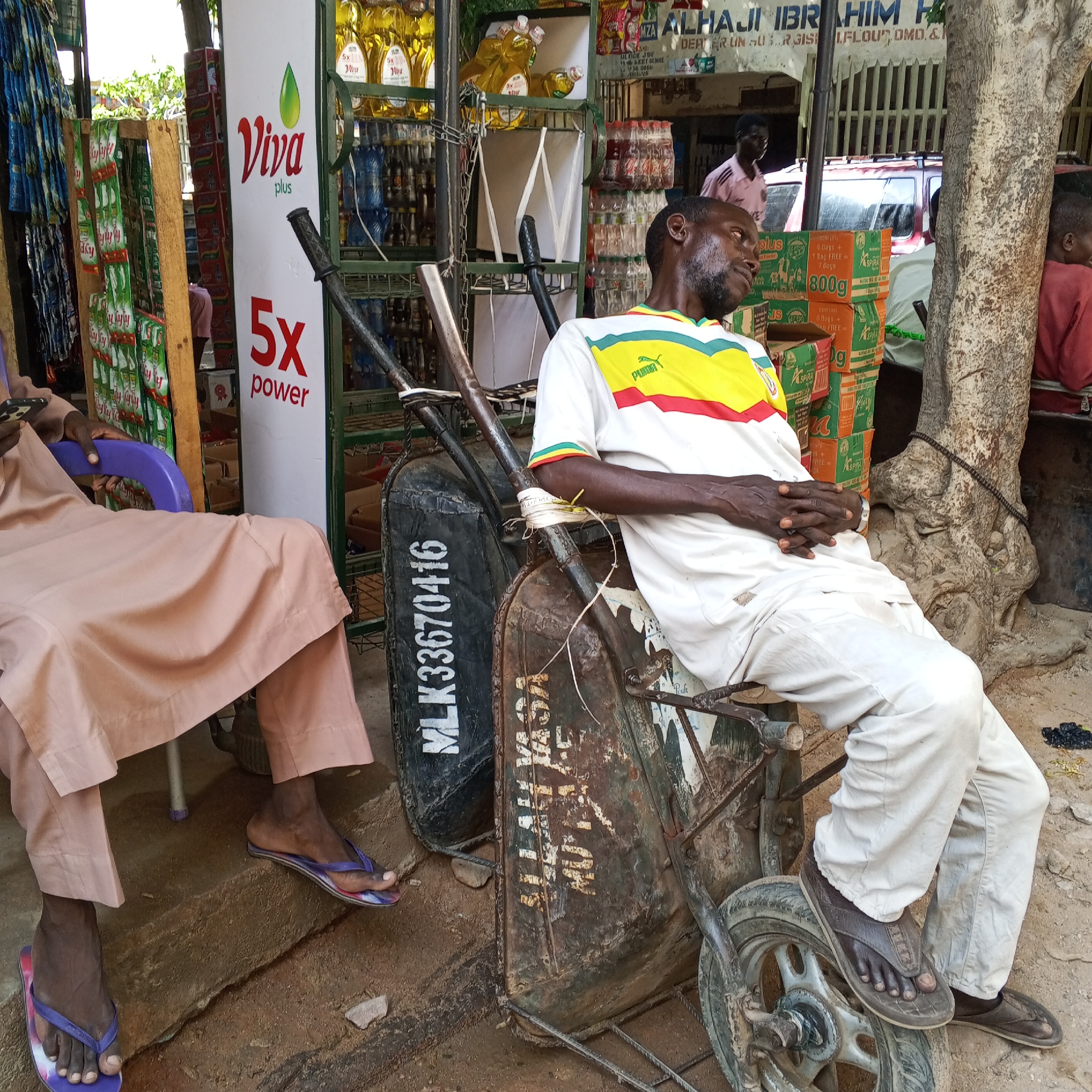This is a medium shot image taken in Gombe, Nigeria, focusing on two men near a street-side market stall. The primary subject is a man in the foreground, seated on a purple chair and leaning back against a wheelbarrow. He is wearing a white t-shirt with yellow, green, and red horizontal stripes across the chest, and white pants. His arms are crossed over his lap. The wheelbarrow in front of him is old and rusted, with the designation "MLK33670416" stenciled in white on its side.
To the left of the frame, another man is seated in the same purple chair, facing away from the camera. He is wearing a light brown traditional African garment and dark purple flip-flops. His left hand is visible holding a smartphone.
Behind the men, the market stall displays a variety of goods, including bottles of cooking oil with prominent "Viva" branding and smaller packets of what appear to be food items. A large tree with rough bark stands to the right of the frame, partially obscuring a red vehicle parked behind the stall. The ground is composed of dry, sandy soil with scattered debris. The lighting suggests it is daytime, with natural light illuminating the scene.