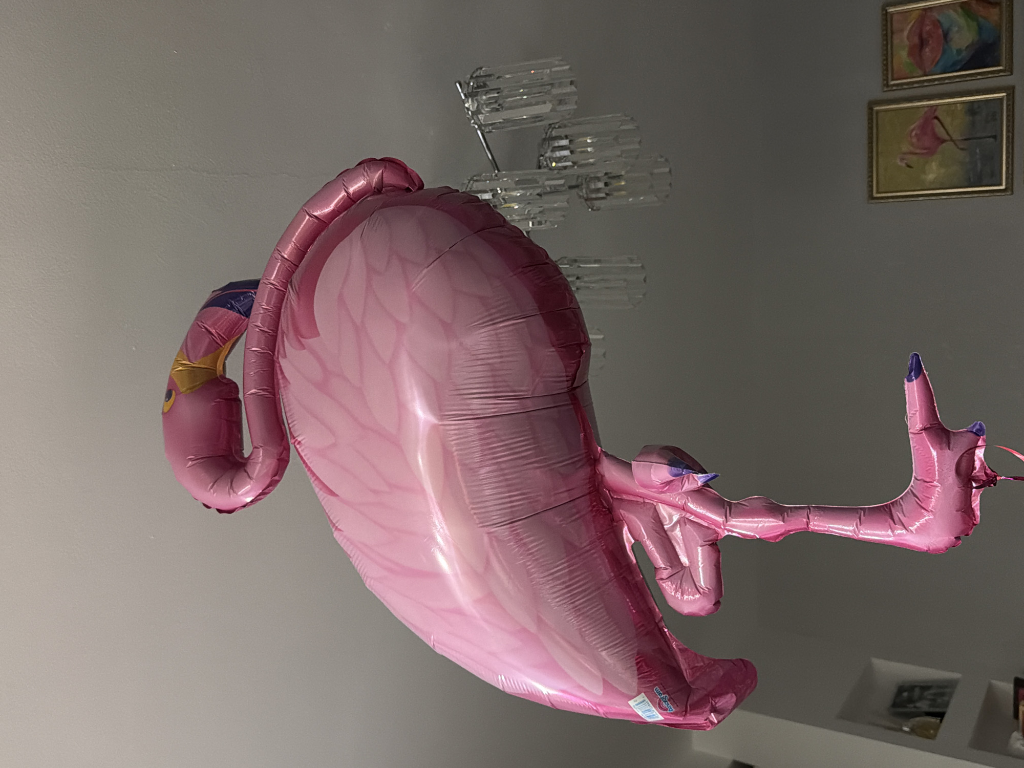 A pink flamingo balloon is floating indoors. A chandelier and framed artwork are visible in the background.