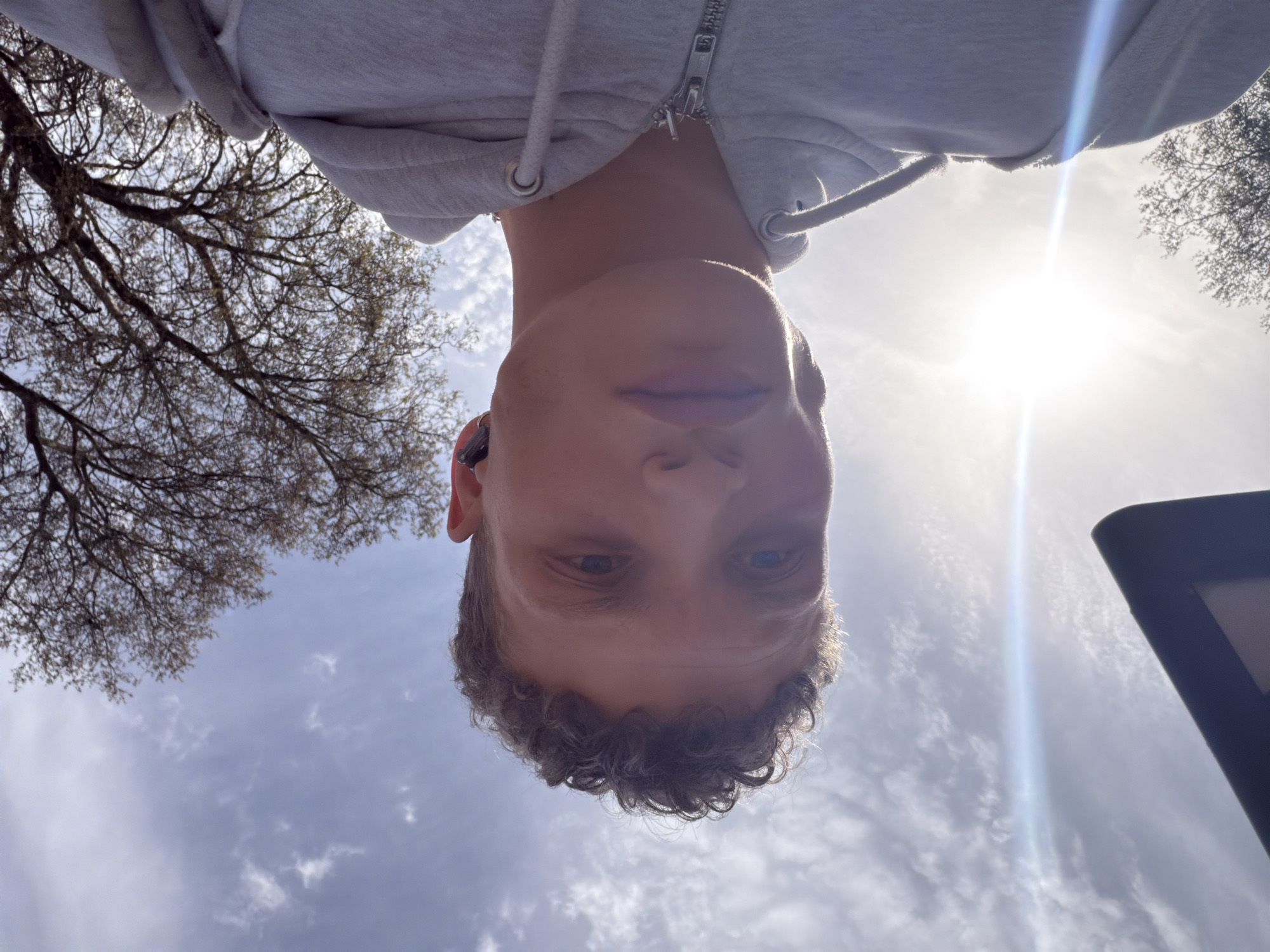 An upward-angle shot captures a young, light-skinned individual looking directly down at the camera. The person, whose face is at the bottom of the inverted frame, has short, curly light-brown hair and a neutral expression. They are wearing a grey hooded sweatshirt with a zipper and appear to have a dark earbud in their right ear.
The background primarily consists of a bright, clear blue sky with scattered white clouds. To the left, the intricate, bare branches of a large tree are visible, suggesting the season is late winter or early spring. The sun is shining intensely from the upper right, creating a prominent lens flare that streaks diagonally across the sky. A dark, rectangular object, possibly part of a building or a screen, is partially visible on the far right edge of the frame.
The bright sunlight indicates it is daytime. The scene conveys an outdoor setting, potentially a park or open area, under sunny weather conditions in London, United Kingdom. No visible text is present in the image.