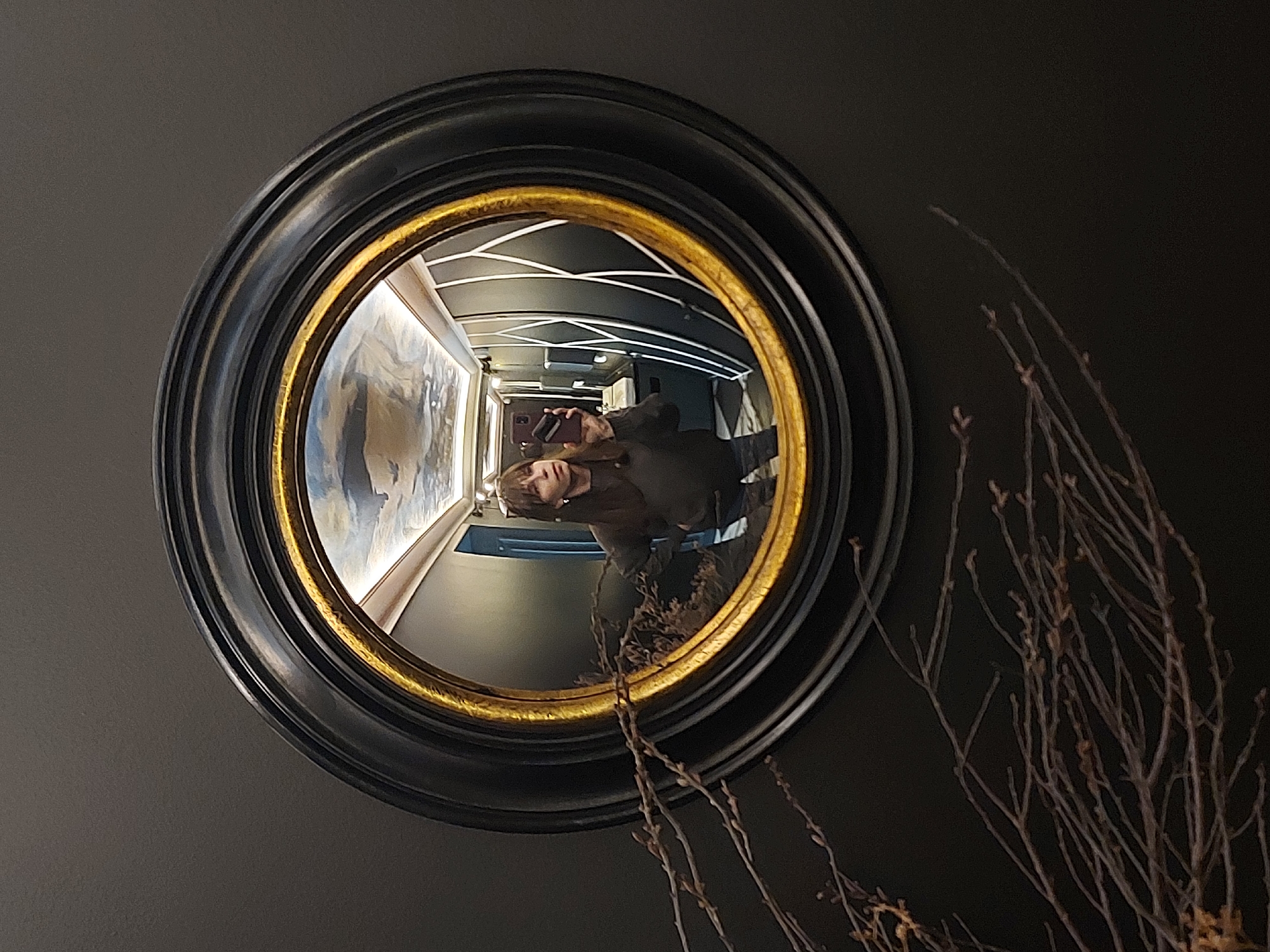 A woman stands in Saint Petersburg, Russia, reflected in a black-rimmed round mirror with a gold inner ring. She holds a phone, seemingly taking a photo of herself in the mirror. The mirror is mounted on a gray wall, adjacent to a dark gray wall adorned with dry twigs or branches. The reflection shows a hallway with a painting on the left and modern ceiling lights above.