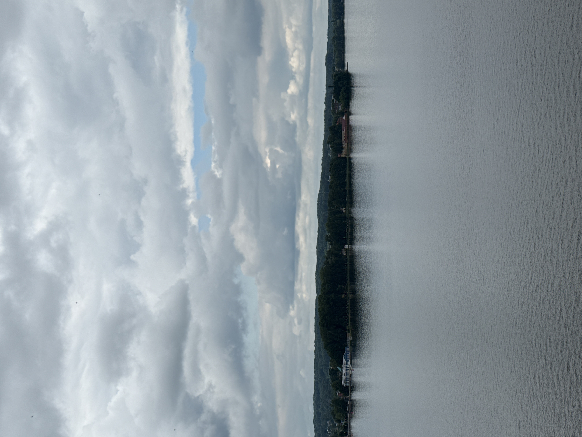 The image presents a wide, serene landscape featuring a large body of water under a partly cloudy sky, likely in Votkinsk, Russia. The perspective is taken from one side of the water, looking across to the distant opposite bank.
The upper portion of the frame is dominated by a sky filled with a mixture of soft grey and white clouds, with occasional patches of clear, light blue sky visible, suggesting a partly overcast but bright daytime. A few tiny, dark specks, possibly birds, are barely discernible against the cloudy backdrop.
The lower half of the image is taken up by an expansive body of water, possibly the Votkinsk Reservoir. Its surface is relatively calm, showing a subtle texture of ripples that reflect the ambient light from the sky.
Stretching horizontally across the midground, separating the water from the sky, is a distant, forested shoreline. This landmass is densely covered in green trees, indicating a natural, possibly hilly terrain. Along the water's edge and nestled within the tree line, faint hints of small structures or buildings are visible, including what appear to be reddish-roofed houses and other light-colored buildings, suggesting a quiet human presence amidst the natural environment.
No specific activity or individuals are prominently featured. The scene conveys a sense of tranquility and vastness, characteristic of a natural landscape with distant human development. There is no visible text in the image.