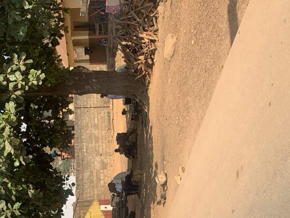 The scene depicts an outdoor roadside area in Egbedi, Nigeria, under bright daylight. The foreground features a light brown paved surface, likely a road or shoulder, transitioning to a dry, reddish-brown dirt and gravel ground in the mid-ground. A large deciduous tree with green foliage stands prominently in the center-right, casting significant shade over the immediate area beneath it.
Under the tree's shade, a small gathering of individuals is present. To the left, two men in light-colored shirts and dark trousers are seated on a wooden bench, facing left and appearing to observe something in front of them or interact with small objects. A third person is partially visible behind them. Further right, a lone individual sits on a low object amidst stacked dark, possibly rubber or wooden, items. Near the base of the tree on the right, a smaller person is seated on a low stool beside a small stand displaying white containers or bowls. Another individual in a white garment stands partially obscured by the tree trunk on the right.
In the background, a grey concrete block wall runs horizontally behind the seated individuals on the left. To the far left, a stack of vehicle tires is visible next to a yellow and red structure. To the right of the tree, a substantial pile of cut firewood or logs rests on the ground. Behind this area, a single-story building with a brown corrugated roof and light-colored walls is visible, displaying a red and white "POS" (Point of Sale) sign on its facade. Additional structures with darker roofs are partially visible further in the distant background. Scattered rocks and minor debris are present on the dirt ground.