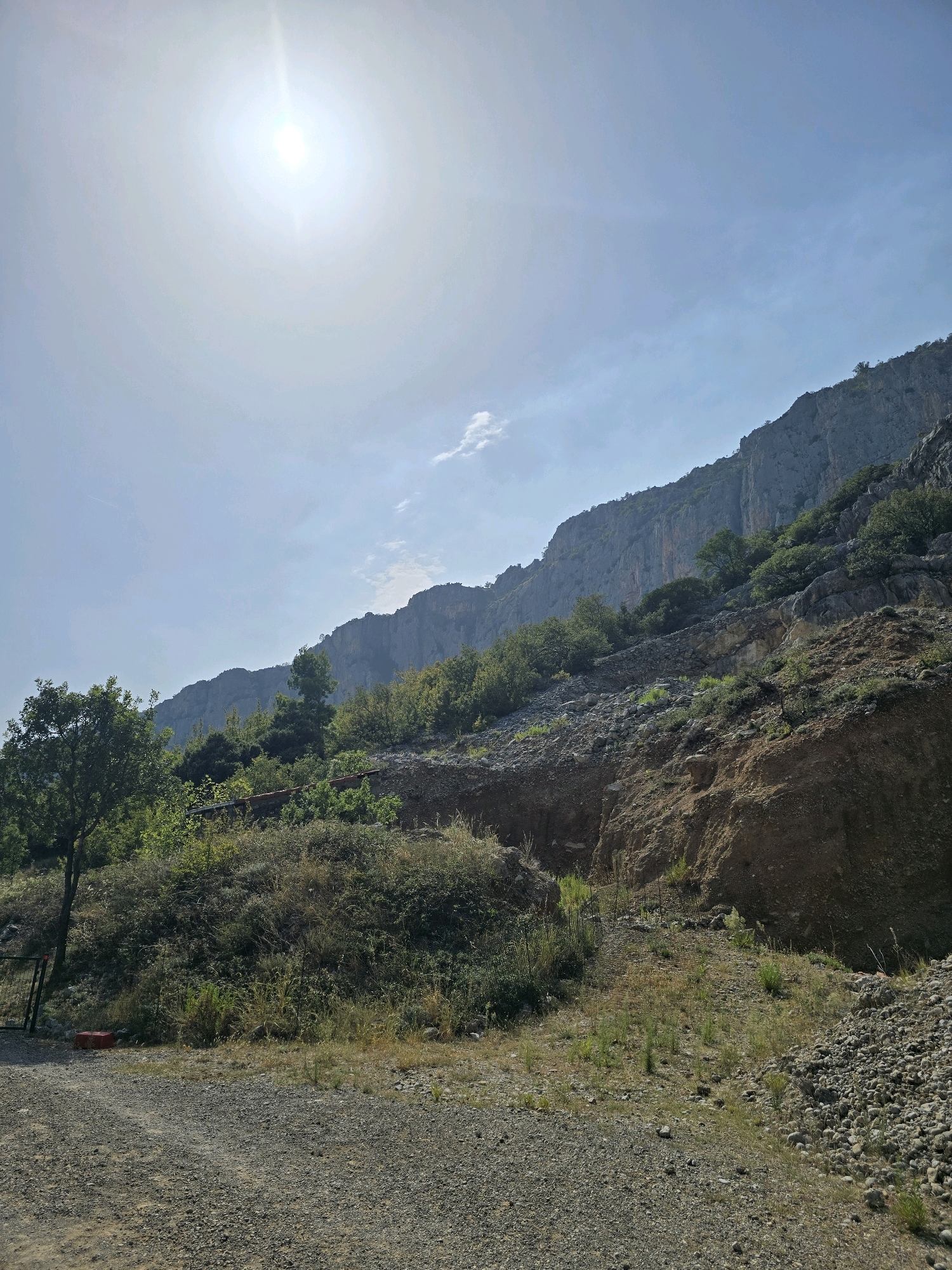 The image depicts a sun-drenched, rocky hillside with a clear blue sky. A bright sun is visible in the upper left corner, casting a strong light. The hillside is covered in sparse vegetation, including grasses, shrubs, and some trees. A gravel path runs along the bottom of the image, and a black metal fence is visible on the left side. The terrain appears rugged and natural, suggesting a rural or mountainous area. There is no indication of the specific location within Podgorica, Montenegro, or any human activity.