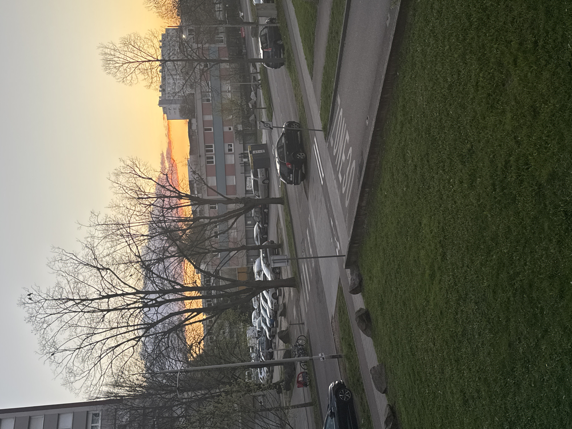 The image shows a street scene in Strasbourg, France, at sunset. The sky is a blend of yellow, orange, and faint pink, visible behind buildings and bare tree branches. Buildings are medium to high rise apartment blocks. A paved street runs alongside a grassy area. Several parked cars line the street. A bicycle is parked near the curb. The street has markings indicating a "Zone 30" speed limit. The scene appears to be taken from a high vantage point, likely a balcony or upper floor of a building. No people are visible in the shot.