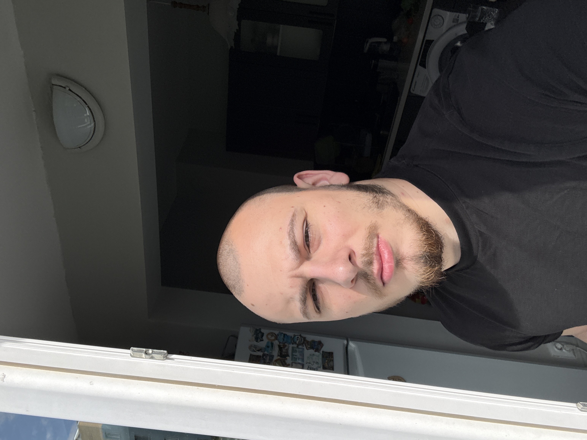 A man is positioned in front of a window, possibly in Stara Zagora, Bulgaria. He has a shaved head and a short beard and is wearing a black t-shirt. Behind him is a refrigerator covered with magnets, a closed dark cabinet, and a white washing machine. A wall lamp is above the window. The window frame is white. The sky is visible through the window.