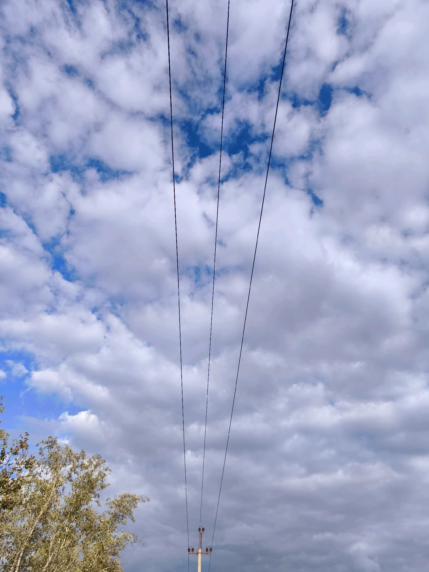 The image depicts a view of the sky with power lines in the foreground and a tree on the left side. The sky is partly cloudy with patches of blue visible between the white and grey clouds. Four dark power lines stretch diagonally across the frame from the top to the bottom. On the lower right, a power pole with insulators is visible. The tree on the left has sparse, yellowish-green foliage, suggesting it might be autumn. The scene is likely outdoors in a rural or semi-rural area, possibly the Горскі сельскі Савет in Belarus, given the context. There are no people or discernible actions taking place.