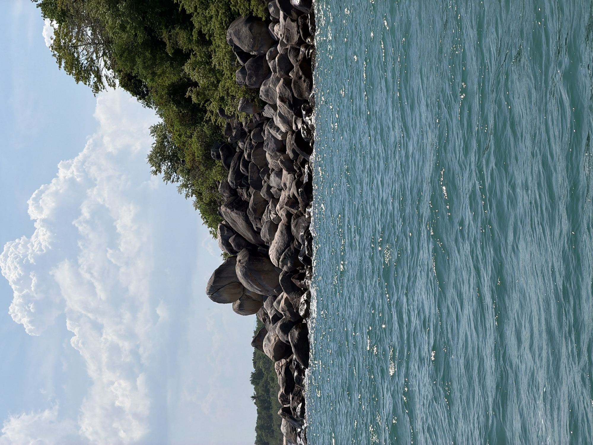The image depicts a coastal scene with a rocky shoreline leading to a lush, green hillside under a partly cloudy sky. The water in the foreground is a vibrant turquoise, with small waves creating a shimmering effect. The rocks are large and rounded, varying in size and color from dark gray to lighter brown. Dense vegetation, consisting of trees and bushes, covers the upper part of the hillside, with some exposed rock faces visible. The sky is a bright blue, punctuated by large, white cumulus clouds. There are no people or artificial structures visible in the image. The scene suggests a natural, undeveloped coastal environment.