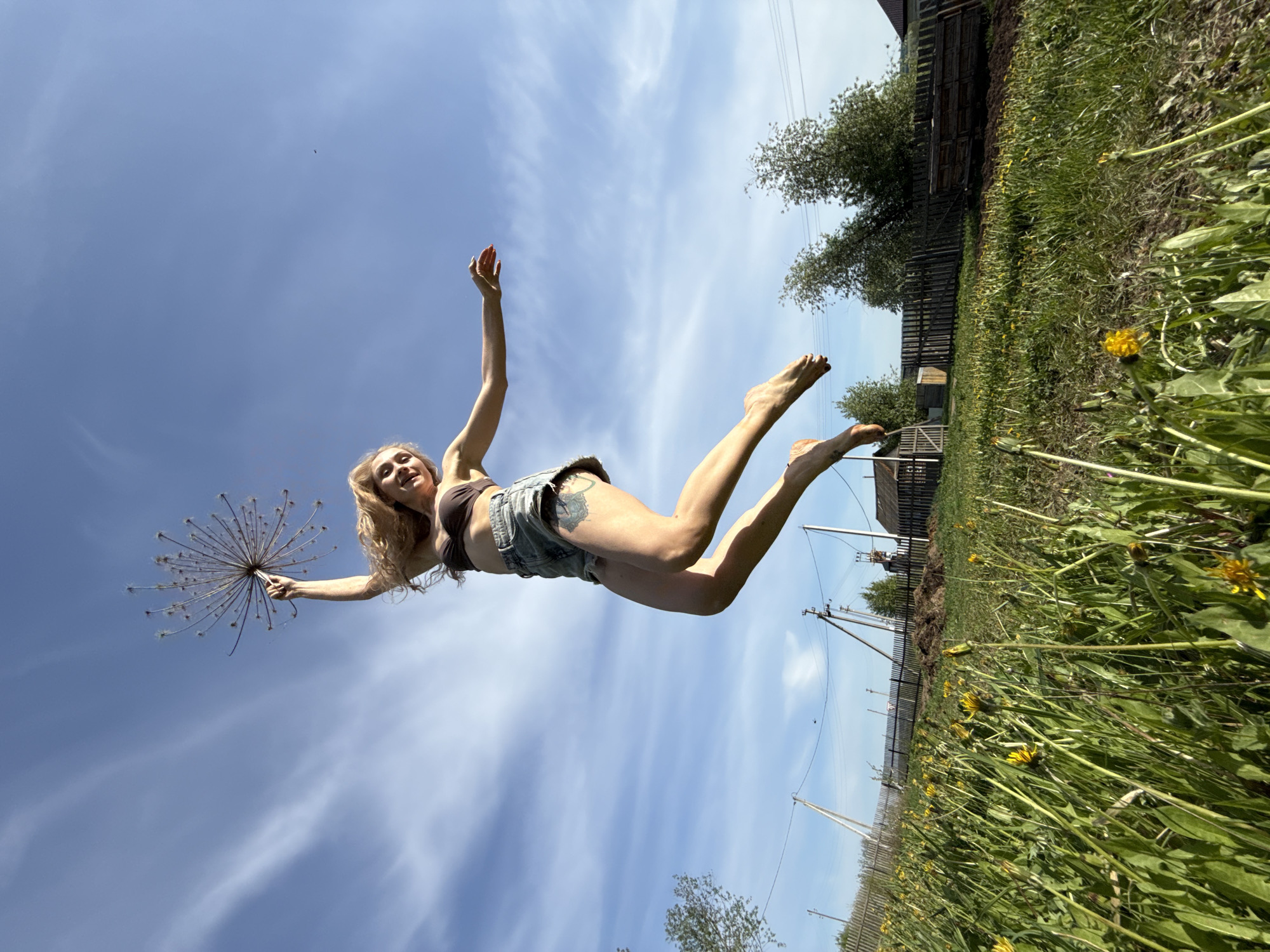 A young woman is airborne, parallel to the ground, against a sky with streaky clouds. She is in a brown bikini top and jean shorts, holding a dried flower in her left hand, with both arms raised and feet extended. The background is a field of dandelions and grass, with a wooden fence, power lines, and rural buildings. The location is consistent with a rural or suburban area in the Nizhnyaya Chermoda, Russia region.