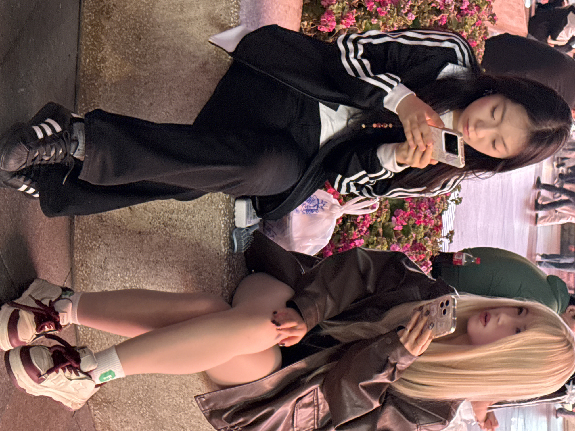 Two young women are seated on a concrete ledge in what appears to be a public outdoor space in the city of Liangjiang, China.
The woman on the left has long, dark hair and is wearing a black track jacket with white stripes on the sleeves, a white undershirt, and black pants. Her feet, clad in black sneakers with white stripes, are visible on the ground. She holds a silver-colored smartphone with both hands, looking down at its screen. A beaded necklace is partially visible around her neck.
The woman on the right has long, blonde hair and is wearing a dark brown leather jacket over what appears to be a dark top or dress, revealing her bare legs. She wears white ankle socks with a green "G" logo and beige and maroon sneakers. She holds a silver-colored smartphone in her left hand, which has dark nail polish. Her head is turned slightly to the right, and she is looking in that direction with an open mouth. Her right hand rests on her right thigh.
Between the two women, behind them, are vibrant pink flowering plants. The ground beneath them is concrete, and in the blurred background, other individuals are visible walking. A red-capped plastic bottle and a white plastic bag are visible near the right woman.