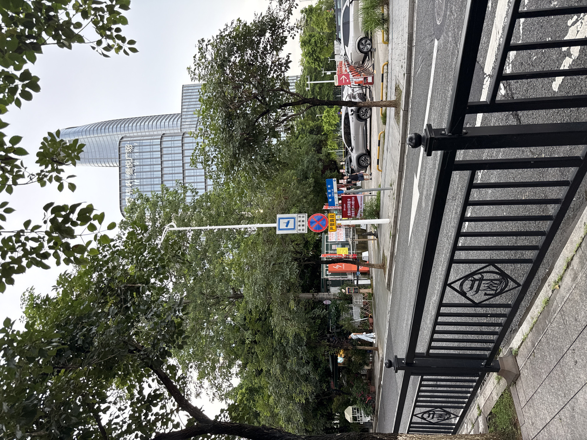 This media file captures an outdoor scene in Haizhu District, China. The foreground is dominated by a black metal fence with decorative diamond-shaped insets, running along a paved sidewalk and adjacent to a street. Trees with lush green foliage are scattered throughout the scene, with some branches framing the top of the image. In the background, a modern, multi-story glass building stands tall, reflecting the sky.
The street appears to be in use, with a white pedestrian crossing visible. Several cars are parked along the roadside, and some individuals are walking on the sidewalk. Signage is present, including a blue sign with an arrow and Chinese characters, a circular red and blue sign indicating restrictions, and a yellow sign with Chinese text that appears to be an advertisement or announcement. One sign reads "科叄悦广场" (Kē Sān Yuè Guǎngchǎng), likely a location name. Another sign displays "严管路段" (Yán Guǎn Lùduàn), meaning "strictly managed road section," and "全场50系列显卡 新会员充39.9得150" (Quán Chǎng 50 Xìliè Xiǎnkǎ Xīn Huìyuán Chōng 39.9 Dé 150), which translates to "All 50 series graphics cards. New members top up 39.9 to get 150."
The lighting suggests it is daytime, possibly overcast or late afternoon, given the diffused light and lack of strong shadows. The overall atmosphere is one of urban activity and commerce, with a blend of natural elements and modern infrastructure.