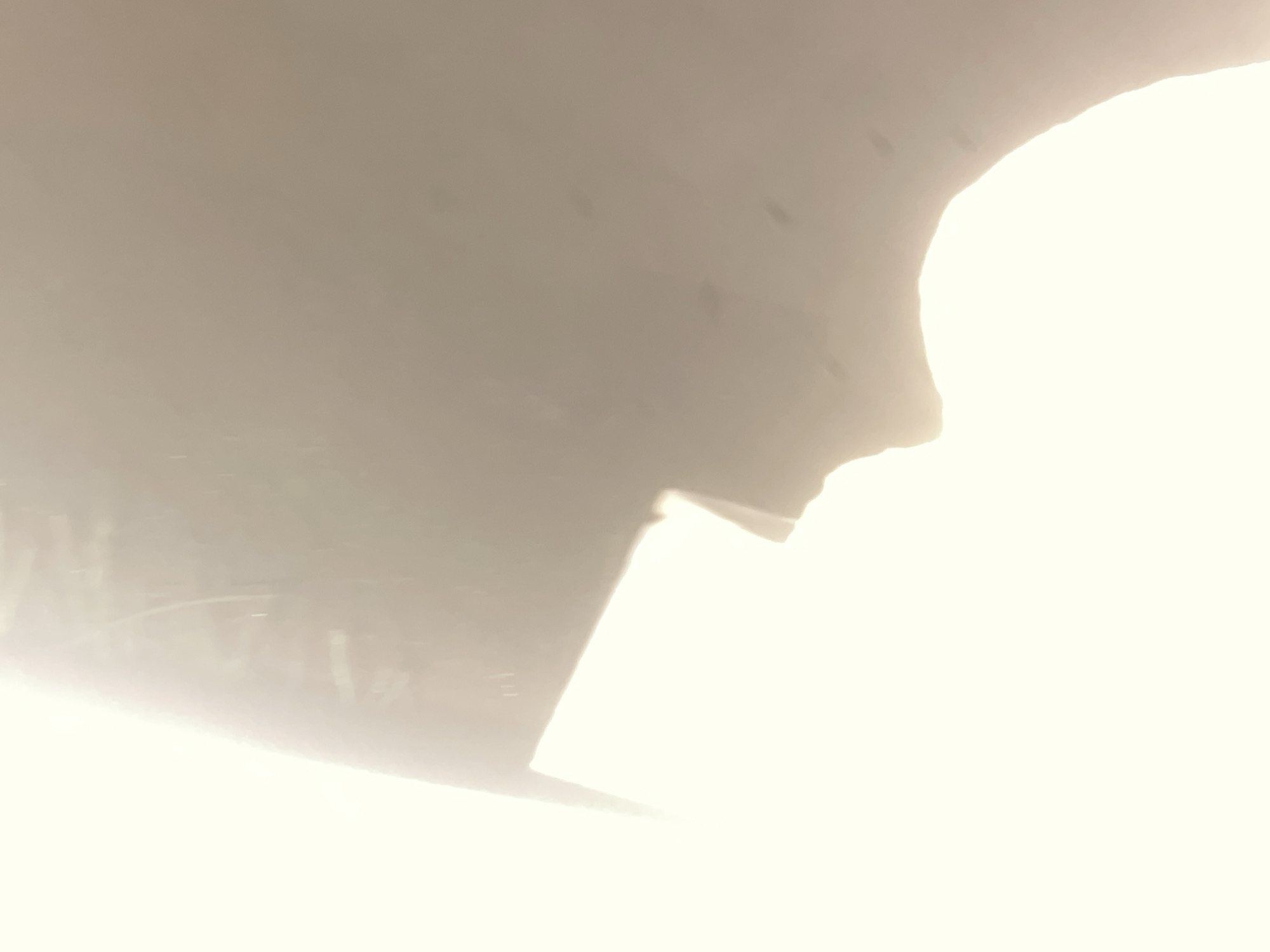 The image shows a silhouette of a human head and shoulders against a bright, white background. The silhouette is angled in profile, with the head facing to the right. The background is blown out, suggesting strong backlighting, possibly from a camera flash or the sun. There are some dark specks or dust particles visible on the surface that is creating the silhouette. The bottom left of the image shows a slightly darker, textured area that could be grass or a rough surface, with some vertical lines that might be blades of grass or shadows. The overall impression is of a stark, artistic portrait, with the subject emerging from darkness into light. There is no discernible location in the city of Howayi, Nigeria, or any other specific environmental details visible.