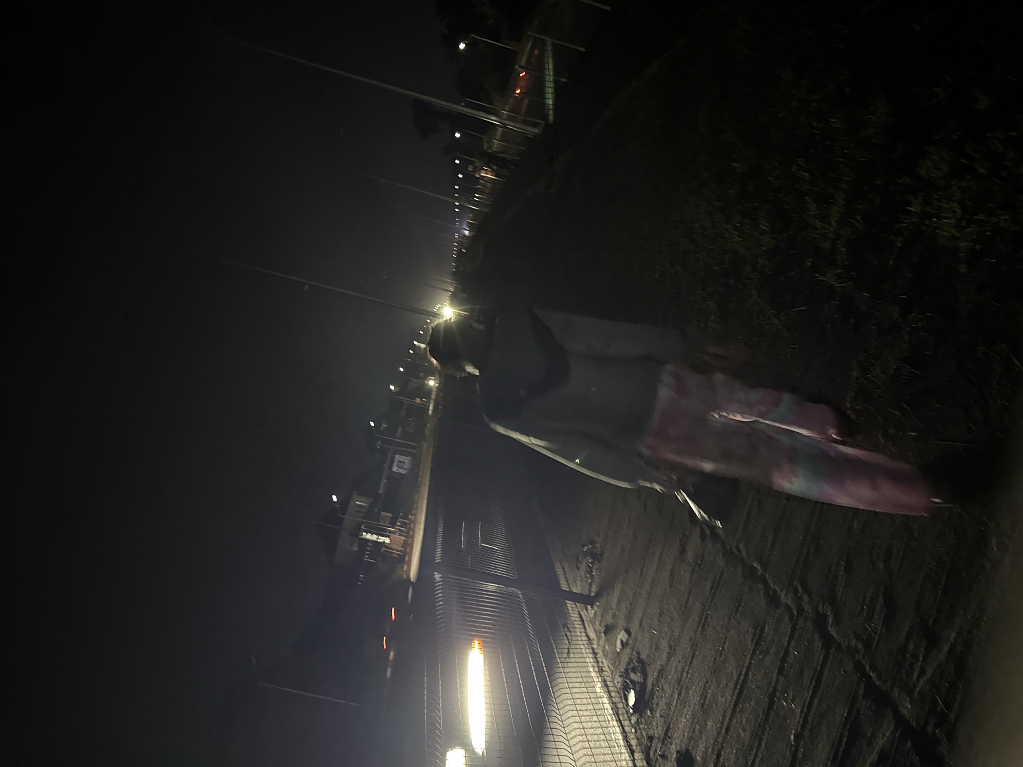 A person walks along a sidewalk at night in Uyo, Nigeria, illuminated by streetlights and the headlights of a vehicle. The sidewalk is bordered by a fence and a grassy area. In the background, buildings and more streetlights are visible. The person is wearing a hooded sweatshirt and patterned pants and is carrying a bag. The scene appears to be a street or a roadside.