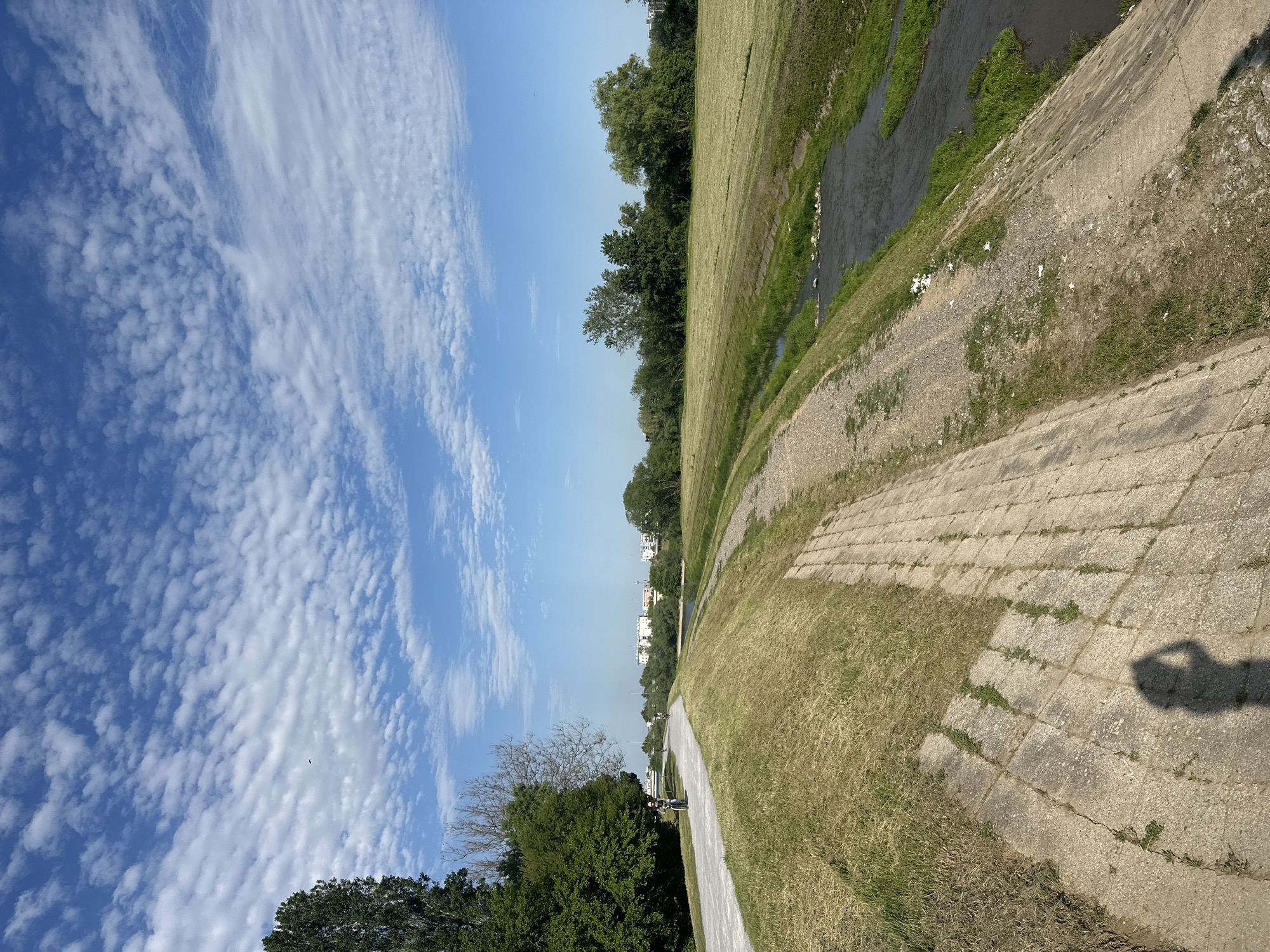 The image captures a bright, sunny outdoor scene, likely along a river or canal bank in the city of Zagreb, Croatia. The top portion of the frame features a clear blue sky filled with a mix of white clouds, including patchy altocumulus and more wispy cirrus clouds.
The landscape below consists of a wide, gently sloping grassy area that transitions from green to drier, yellowish tones. A narrow body of water, resembling a small river or drainage canal, runs alongside the grassy bank on the right side of the image. The banks of this waterway appear to be reinforced with concrete structures.
In the immediate foreground and mid-ground on the right, a paved pathway made of square concrete blocks extends into the distance. Grass and weeds grow between the cracks of these blocks. Further to the left, a narrower asphalt path is visible, also leading into the distance. A person on a bicycle is seen cycling along this asphalt path in the mid-ground.
A prominent shadow of a person, presumably the photographer, is cast onto the paved concrete blocks in the foreground, clearly showing a hand holding an object, likely a phone or camera. A line of dense green trees forms a barrier between the sky and distant urban buildings on the horizon. The bright sunlight and strong shadows suggest it is midday or early afternoon on a clear, pleasant day. No visible text is present in the image.