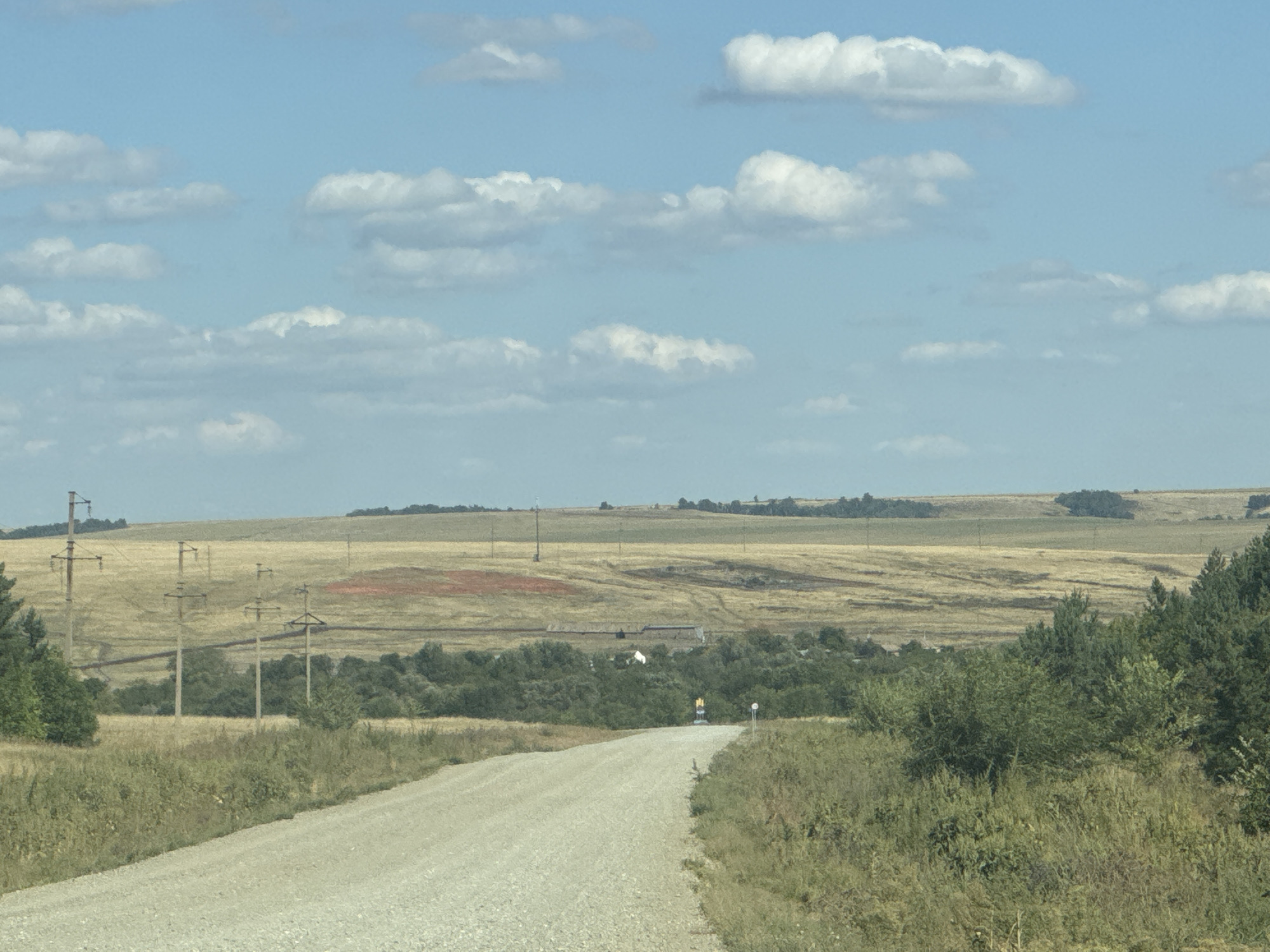 The image shows a rural landscape with a dirt road leading into the distance. The road is flanked by dry grass and some trees. In the background, there are fields, power lines, and a treeline on a gentle slope under a partly cloudy sky. There are no people or animals visible in the scene. The environment appears to be dry and possibly agricultural.