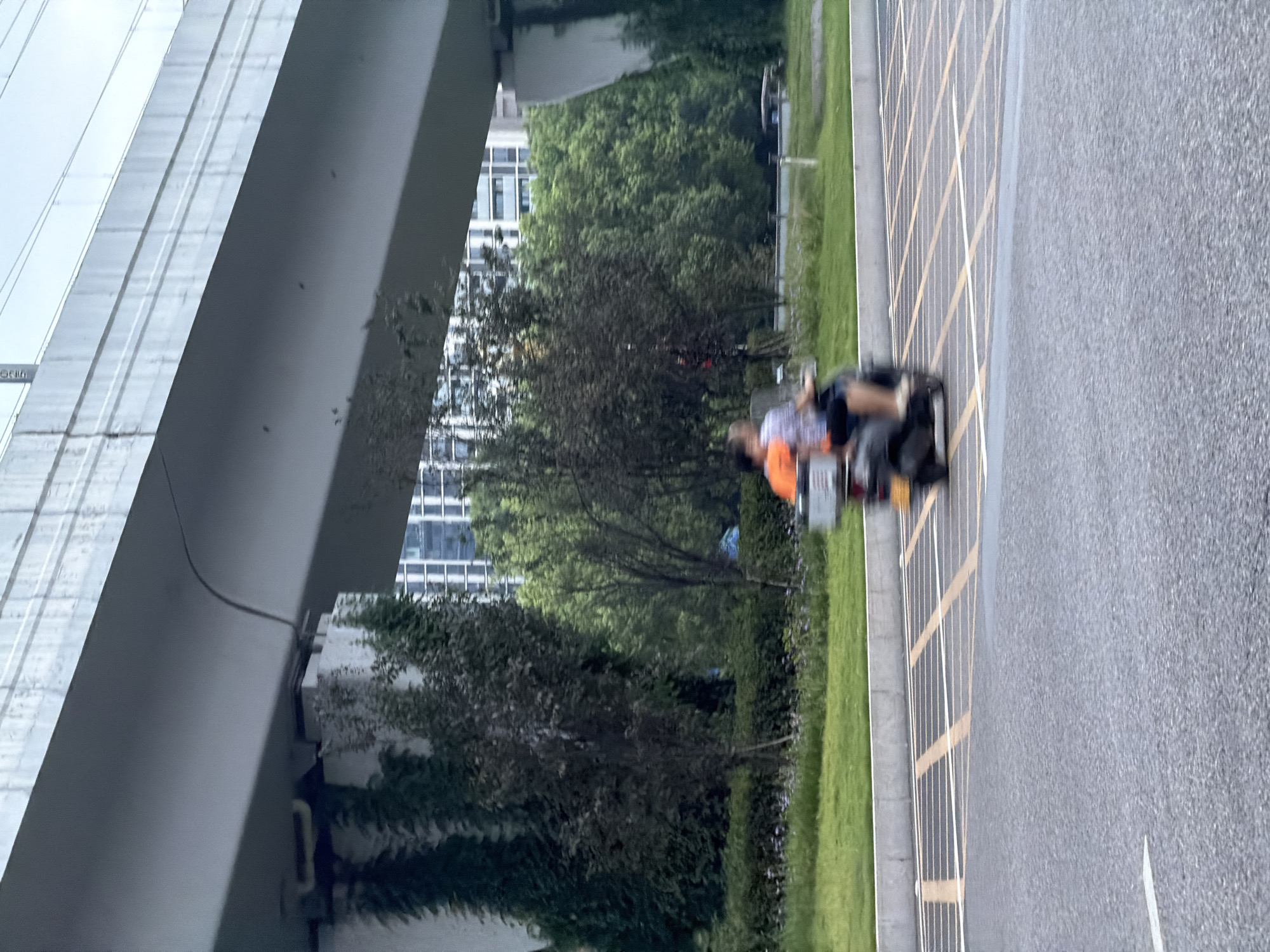 The image depicts a street scene in Jiangjin, China, likely during the daytime. An elevated concrete structure, possibly an overpass or a highway, dominates the upper portion of the frame, casting a shadow. Beneath this structure, a lush green area with manicured hedges and trees is visible. In the middle ground, two individuals are riding on a scooter, their forms blurred due to motion. The person in front is wearing an orange shirt, and the person behind is wearing a checkered shirt. The scooter is moving across a road marked with yellow and white lines, suggesting a crosswalk or a traffic island. In the background, modern buildings with many windows rise above the trees, indicating an urban setting. The overall impression is of a busy city environment with significant infrastructure and greenery.