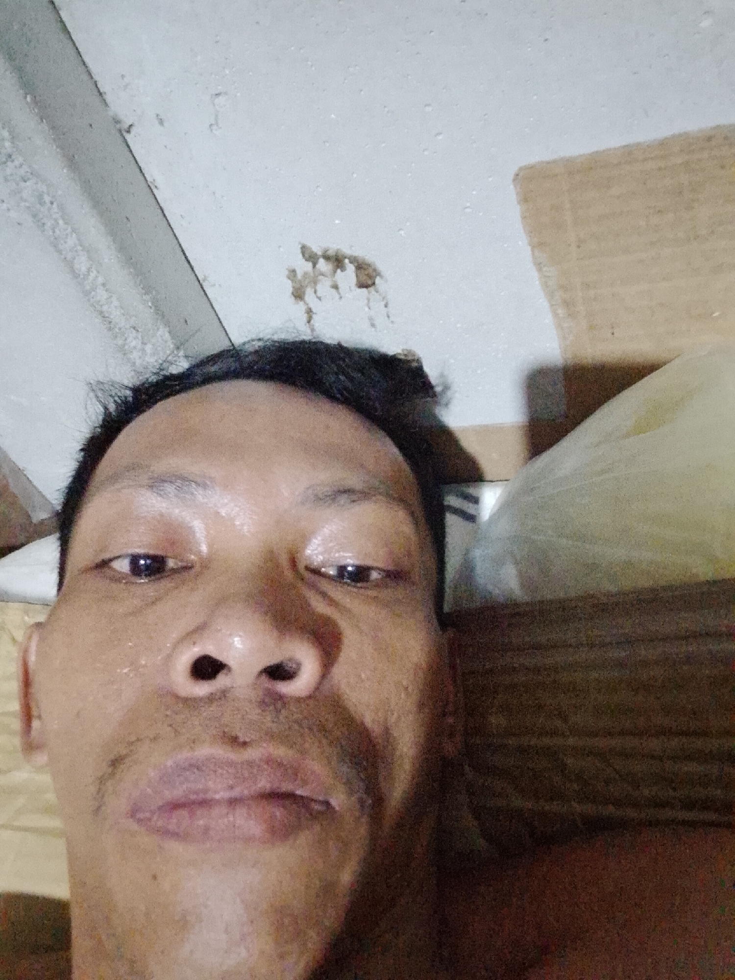 A close-up selfie of a middle-aged Asian man with short, dark hair, taken indoors under artificial lighting. The man has dark eyes and a thin mustache. His skin appears slightly damp. The background includes a white ceiling with a splotch of what appears to be dried insect debris or a similar stain. A cardboard box and a translucent plastic bag are visible to the right. The location is potentially Bukit Ketok, Indonesia.