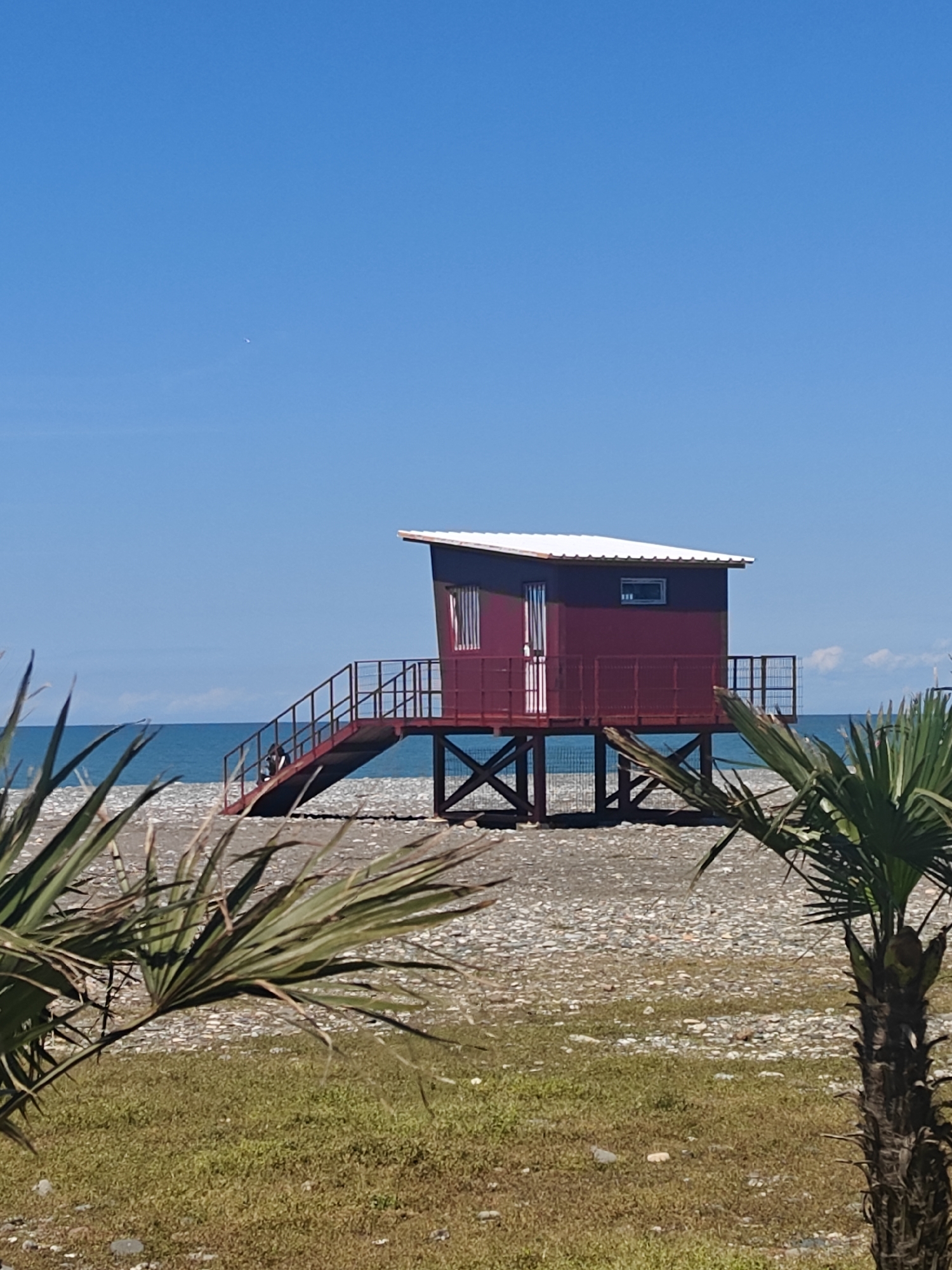 The image depicts a lifeguard station on a beach in Batumi, Georgia. The station is elevated on stilts, painted burgundy with a white roof, and accessible by a staircase. The beach consists of pebbles and rocks. Palm trees are present in the foreground, framing the view. The sea is visible in the background, meeting the clear blue sky on the horizon. A person is sitting on the stairs of the lifeguard station. The vegetation transitions from dry grass and weeds near the camera to rocky beach near the sea.